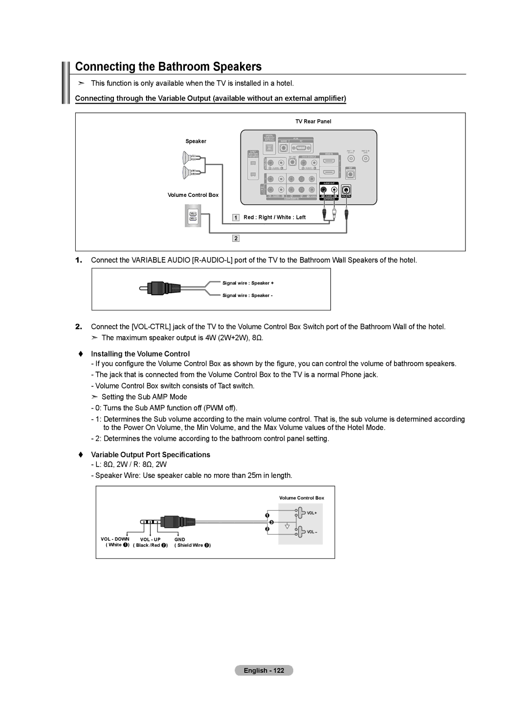 Samsung LN32A620A1F Connecting the Bathroom Speakers, Installing the Volume Control,  Variable Output Port Specifications 