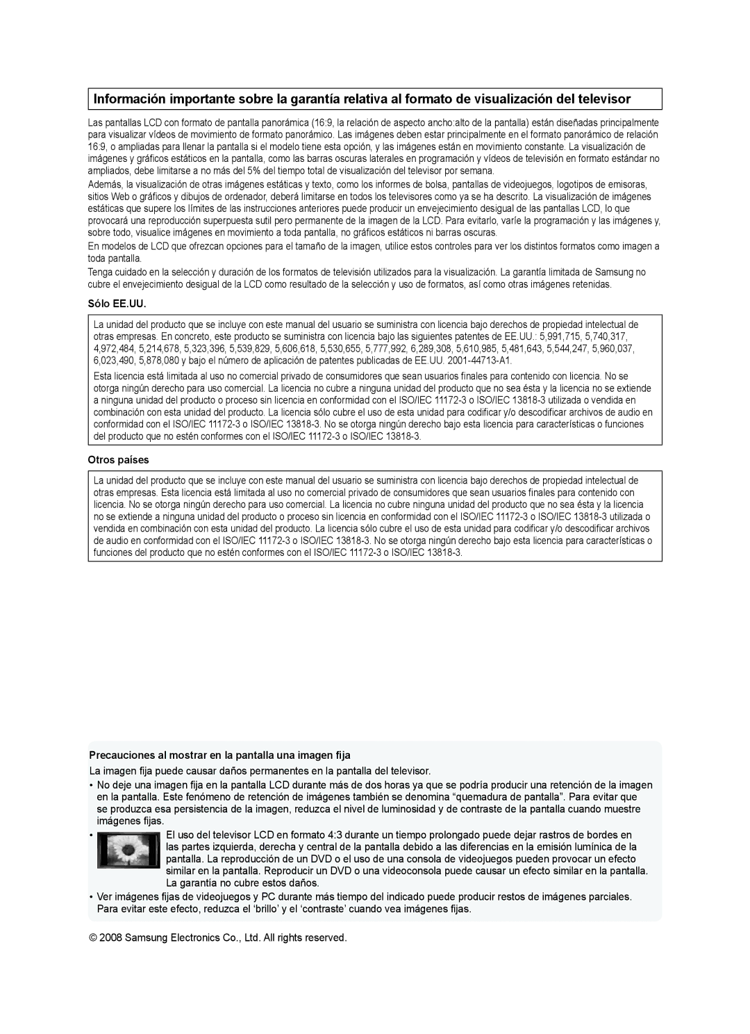 Samsung LN2A620A1F, LN32A620A1F user manual Sólo EE.UU, Otros países, Precauciones al mostrar en la pantalla una imagen fija 