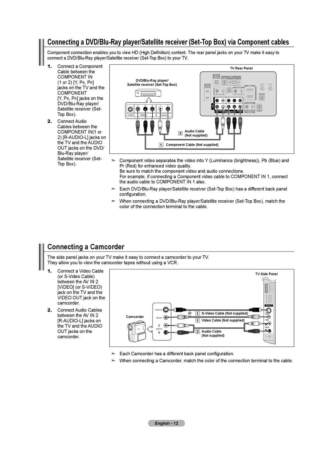 Samsung LN40A620A1F, LN2A620A1F, LN32A620A1F user manual Connecting a Camcorder 