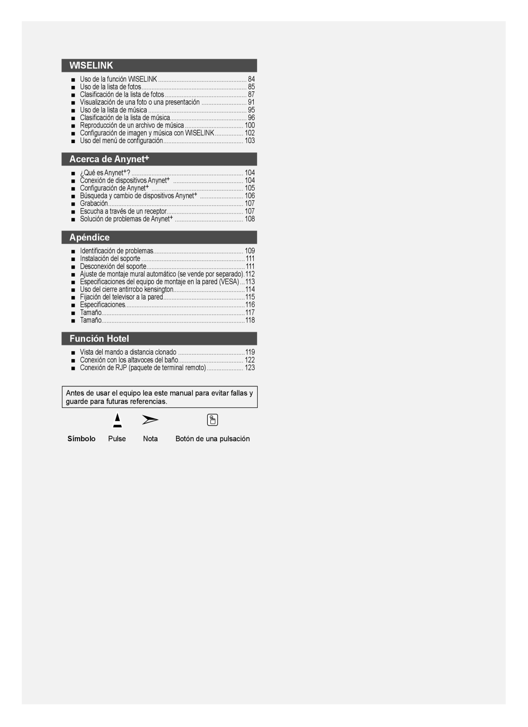 Samsung LN40A620A1F, LN2A620A1F, LN32A620A1F user manual Símbolo, Pulse Nota 