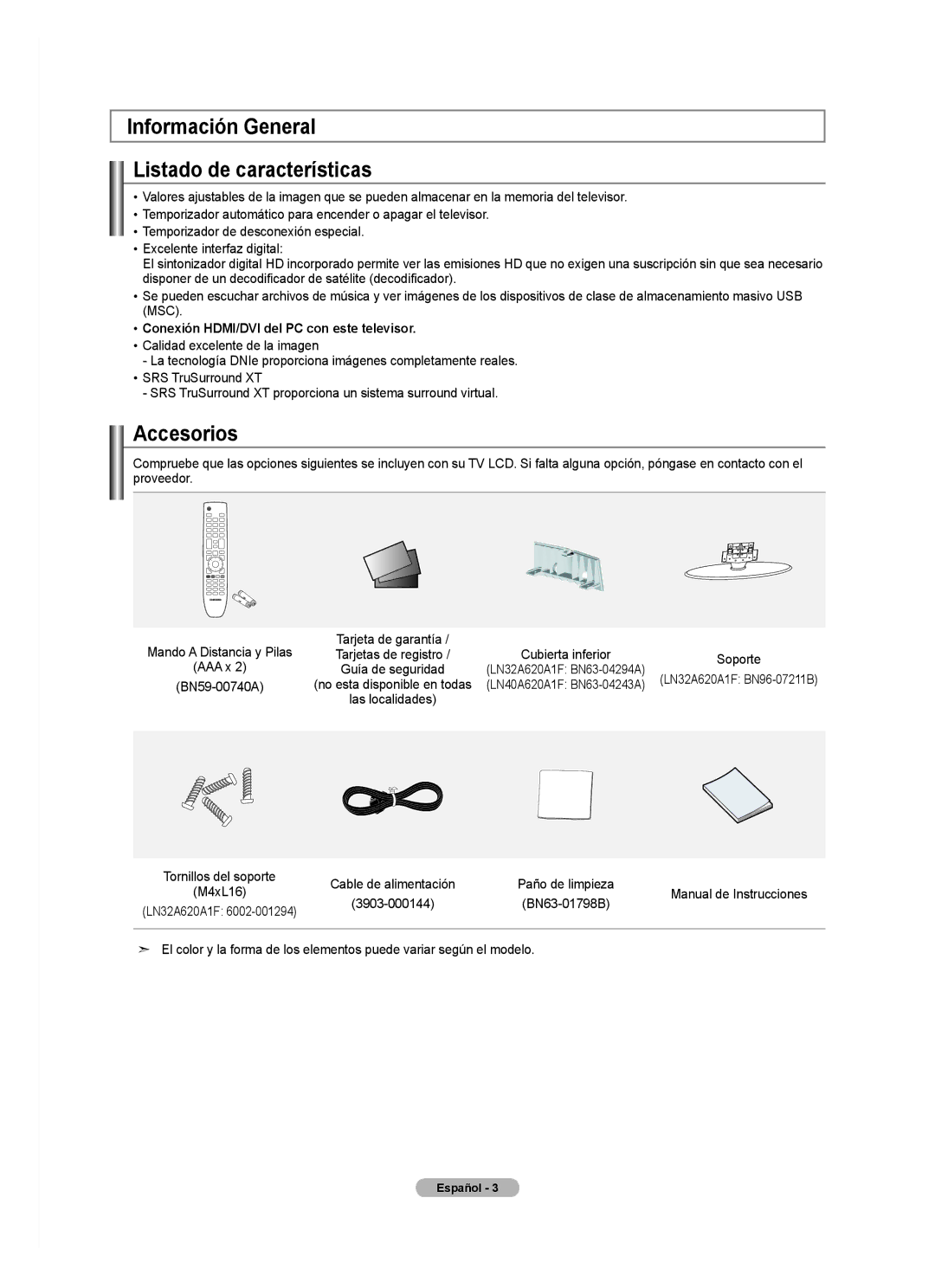 Samsung LN2A620A1F Información General Listado de características, Accesorios, Conexión HDMI/DVI del PC con este televisor 