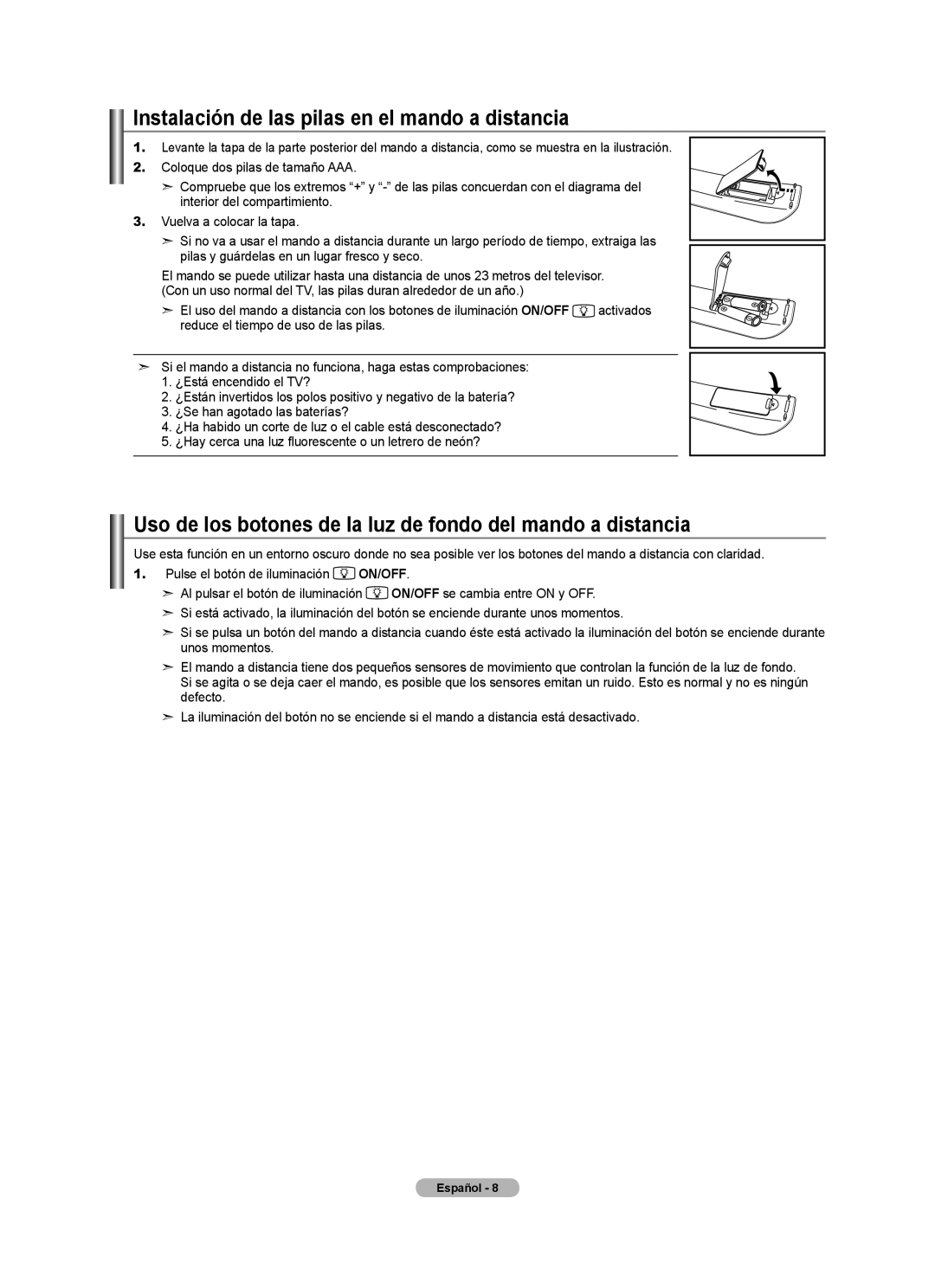 Samsung LN40A620A1F, LN2A620A1F, LN32A620A1F user manual Instalación de las pilas en el mando a distancia 