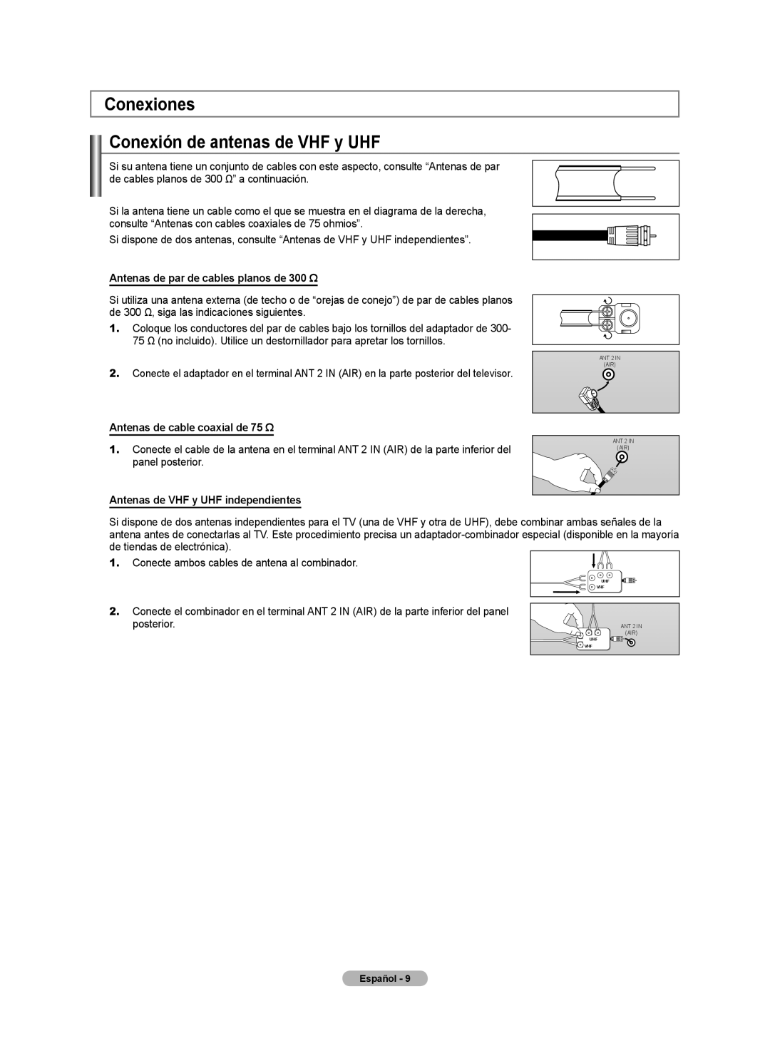 Samsung LN2A620A1F, LN32A620A1F Conexiones Conexión de antenas de VHF y UHF, Antenas de par de cables planos de 300 Ω 