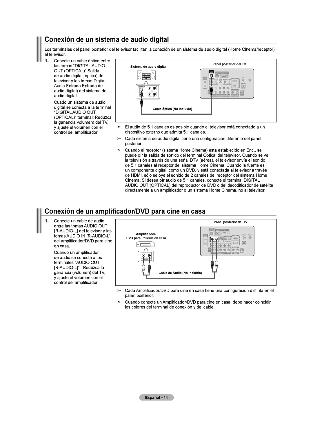 Samsung LN40A620A1F, LN2A620A1F Conexión de un sistema de audio digital, Conexión de un amplificador/DVD para cine en casa 