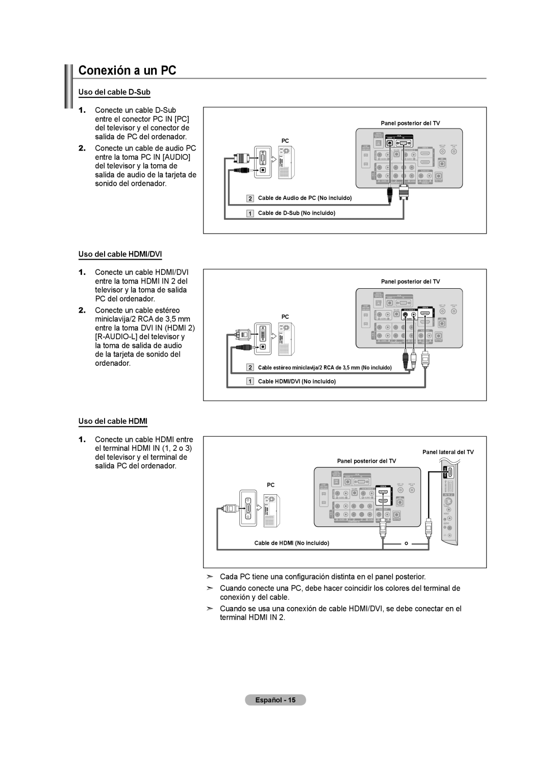 Samsung LN2A620A1F, LN32A620A1F Conexión a un PC, Uso del cable D-Sub, Uso del cable HDMI/DVI, Uso del cable Hdmi 