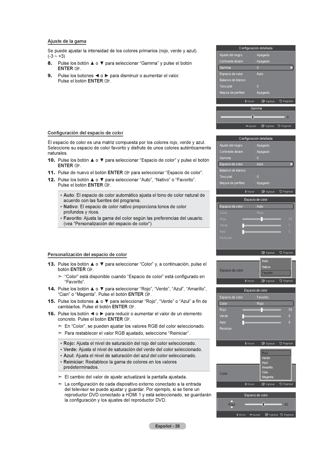 Samsung LN32A620A1F user manual Ajuste de la gama, Configuración del espacio de color, Personalización del espacio de color 