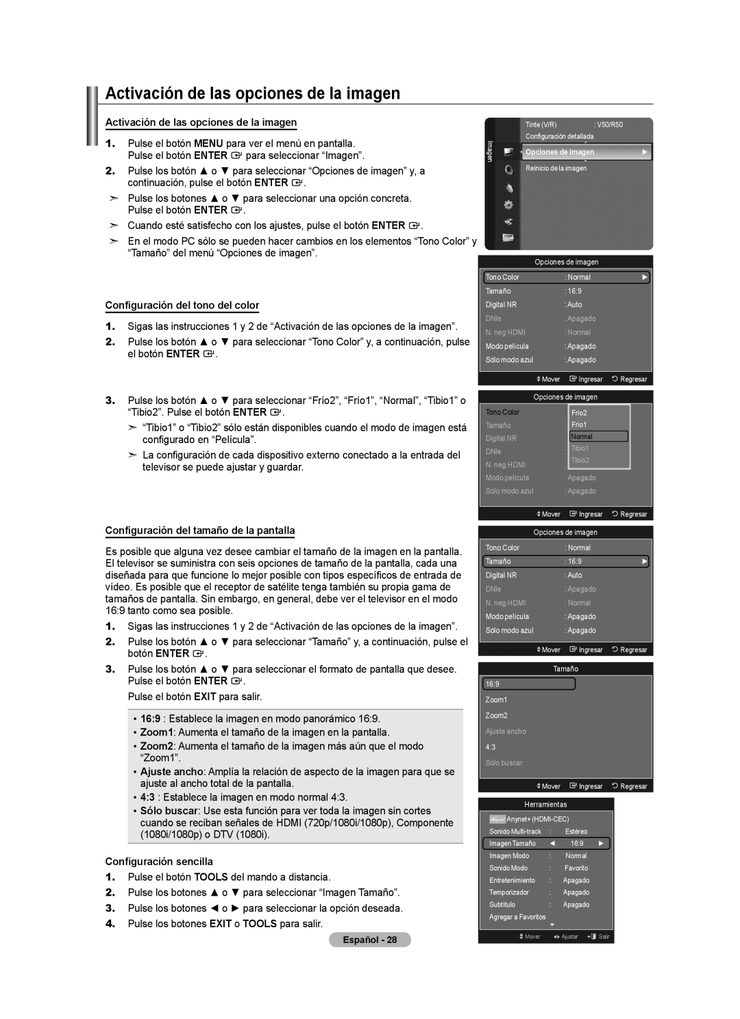 Samsung LN32A620A1F, LN2A620A1F, LN40A620A1F Activación de las opciones de la imagen, Configuración del tono del color 