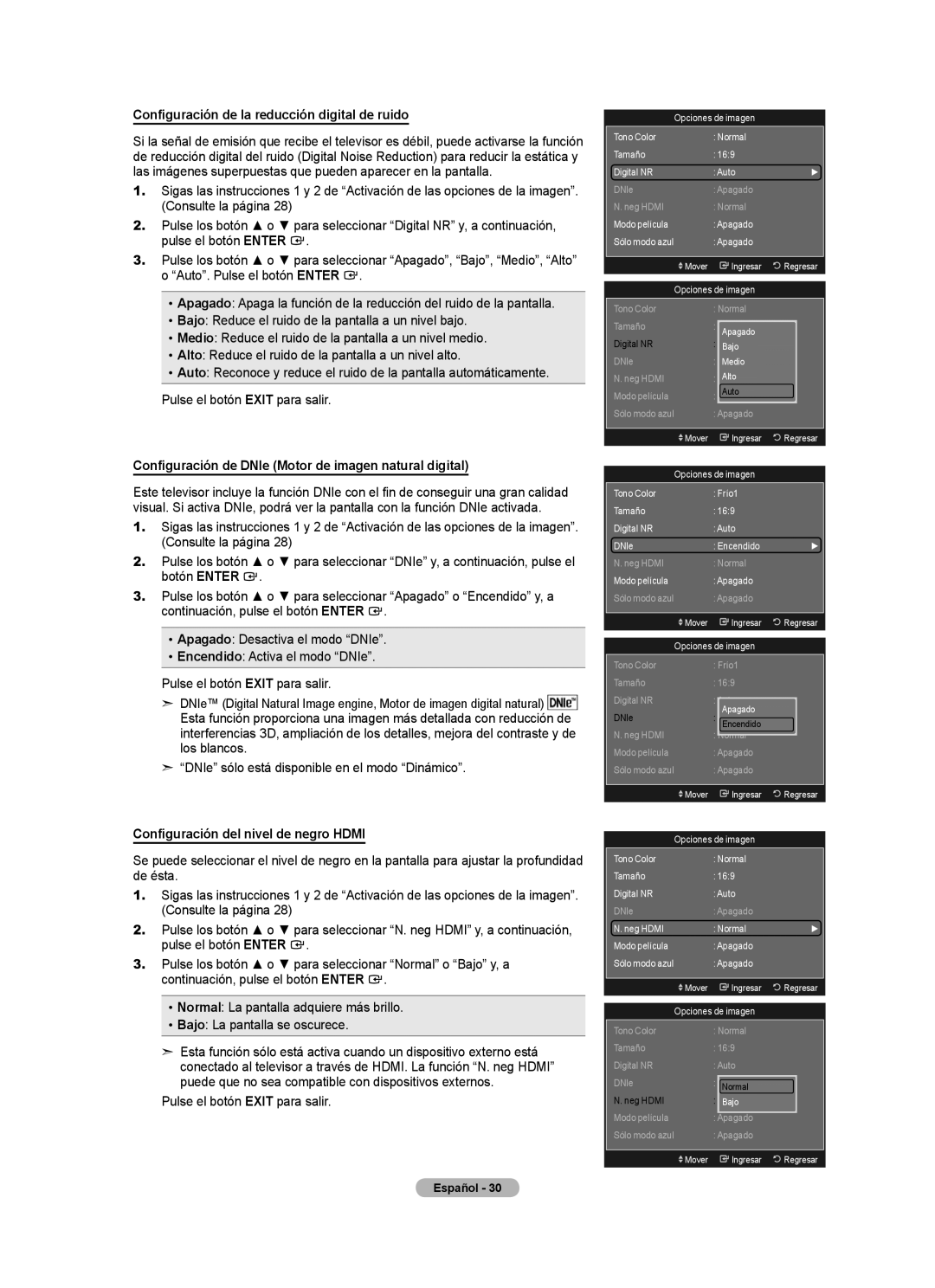 Samsung LN2A620A1F Configuración de la reducción digital de ruido, Configuración de DNIe Motor de imagen natural digital 