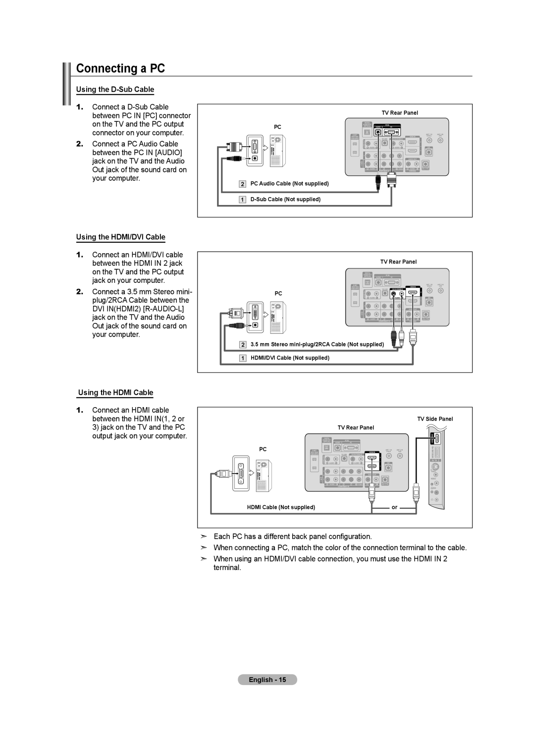 Samsung LN40A620A1F, LN2A620A1F Connecting a PC, Using the D-Sub Cable, Using the HDMI/DVI Cable, Using the Hdmi Cable 