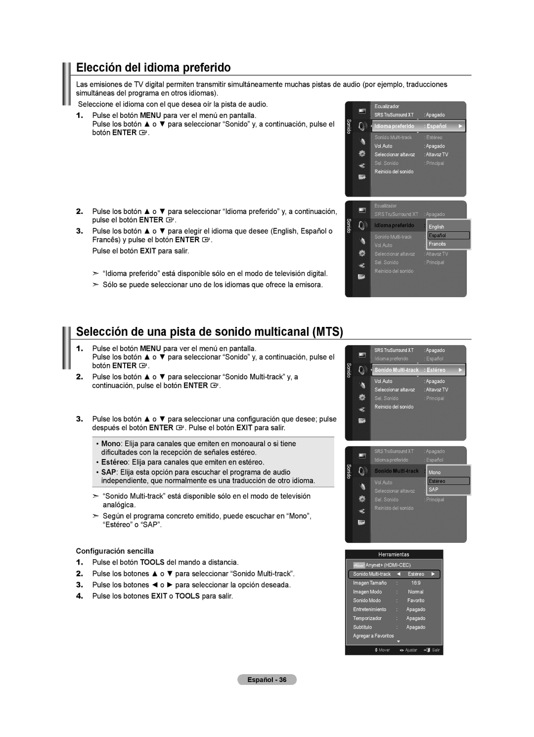 Samsung LN2A620A1F, LN32A620A1F, LN40A620A1F Elección del idioma preferido, Selección de una pista de sonido multicanal MTS 