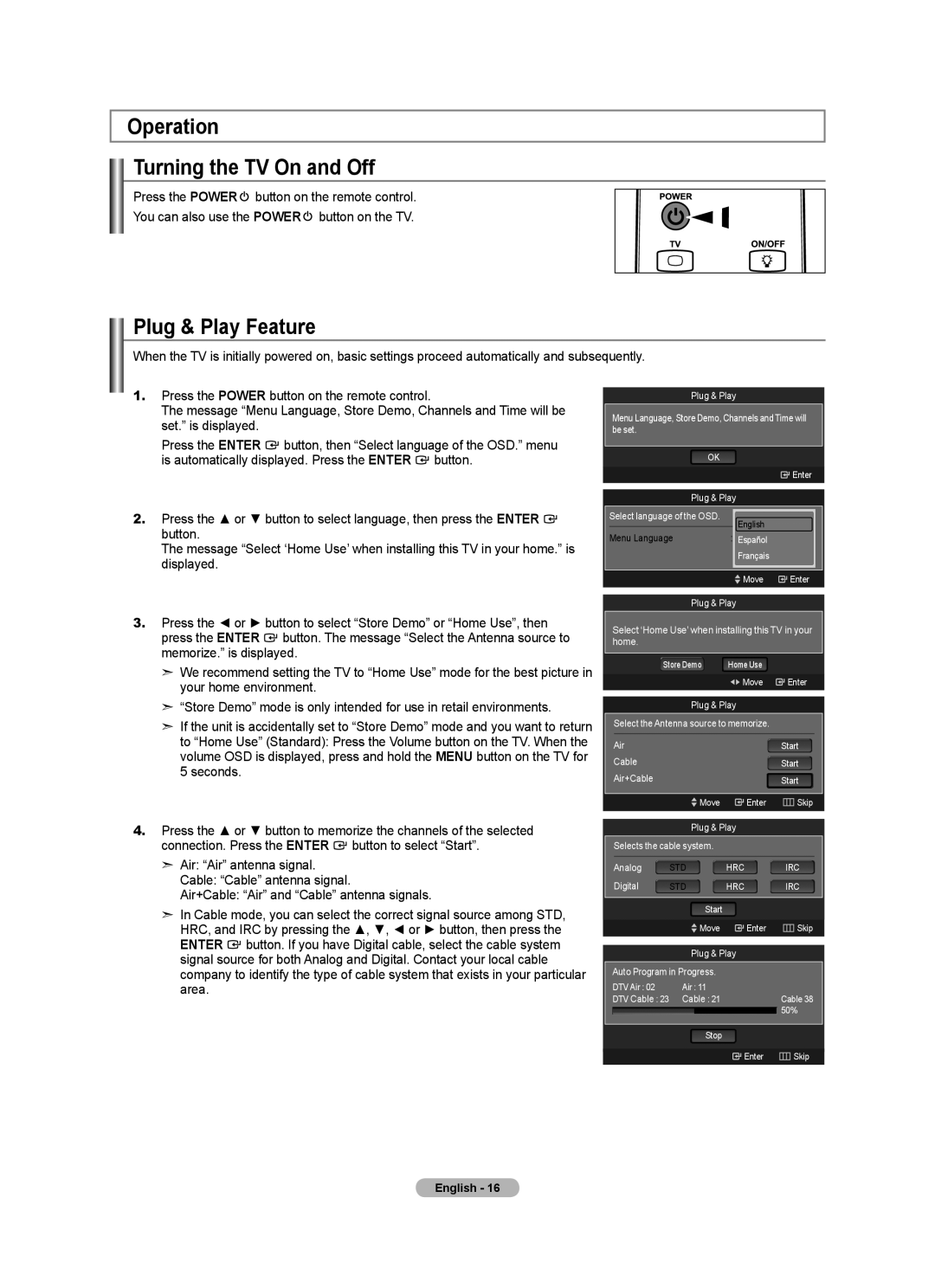 Samsung LN2A620A1F, LN32A620A1F, LN40A620A1F user manual Operation Turning the TV On and Off, Plug & Play Feature 