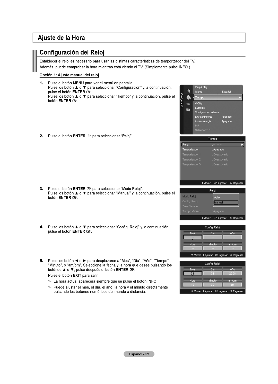 Samsung LN32A620A1F, LN2A620A1F Ajuste de la Hora Configuración del Reloj, Opción 1 Ajuste manual del reloj, Tiempo 