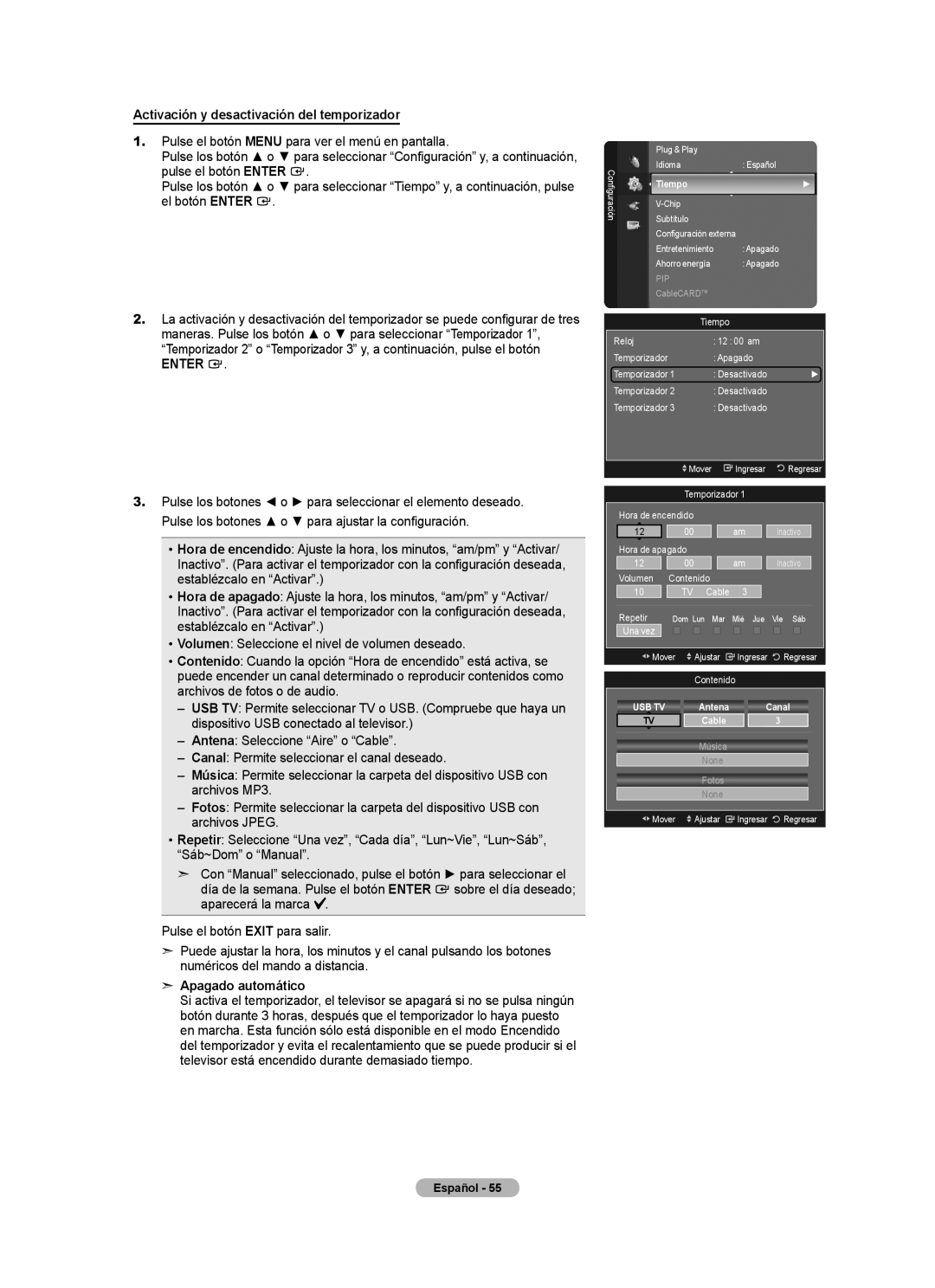 Samsung LN32A620A1F, LN2A620A1F Activación y desactivación del temporizador, Apagado automático, Contenido, Canal 