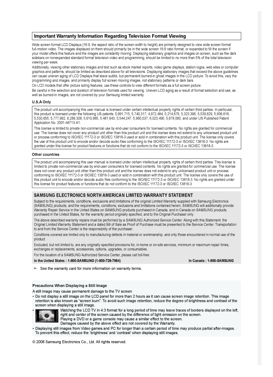 Samsung LN40A620A1F, LN2A620A1F, LN32A620A1F user manual A Only, Other countries, Precautions When Displaying a Still Image 