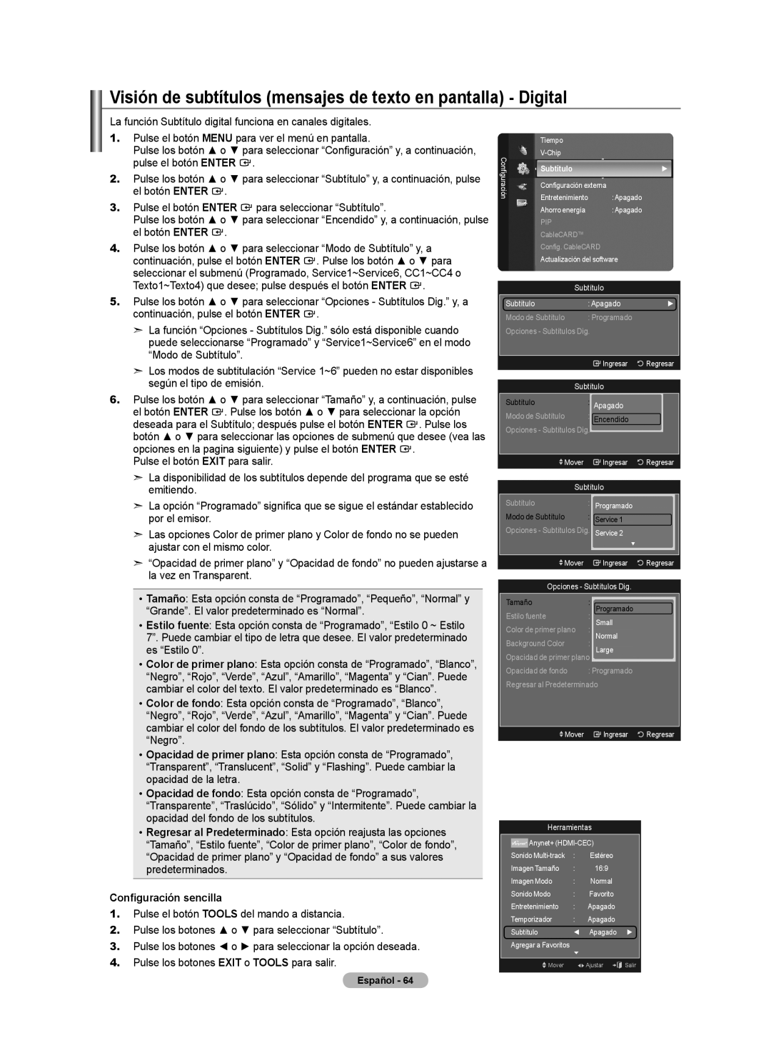 Samsung LN32A620A1F, LN2A620A1F Visión de subtítulos mensajes de texto en pantalla Digital, Configuración sencilla 