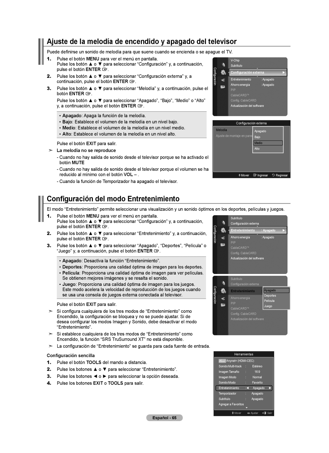 Samsung LN40A620A1F Ajuste de la melodía de encendido y apagado del televisor, Configuración del modo Entretenimiento 