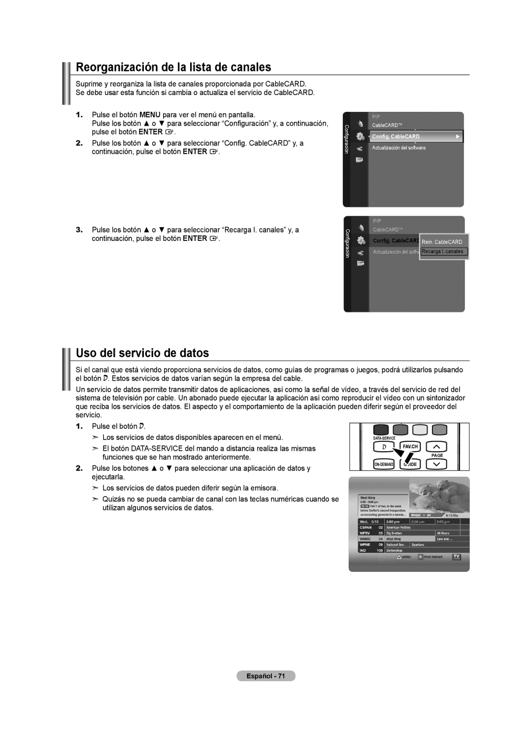 Samsung LN40A620A1F, LN2A620A1F, LN32A620A1F user manual Reorganización de la lista de canales, Uso del servicio de datos 