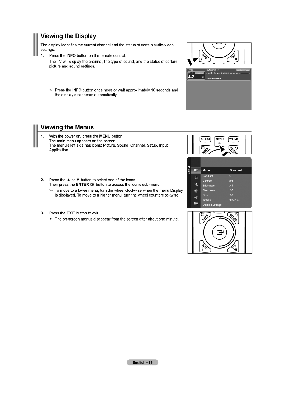 Samsung LN2A620A1F, LN32A620A1F Viewing the Display, Viewing the Menus, Press the or button to select one of the icons 