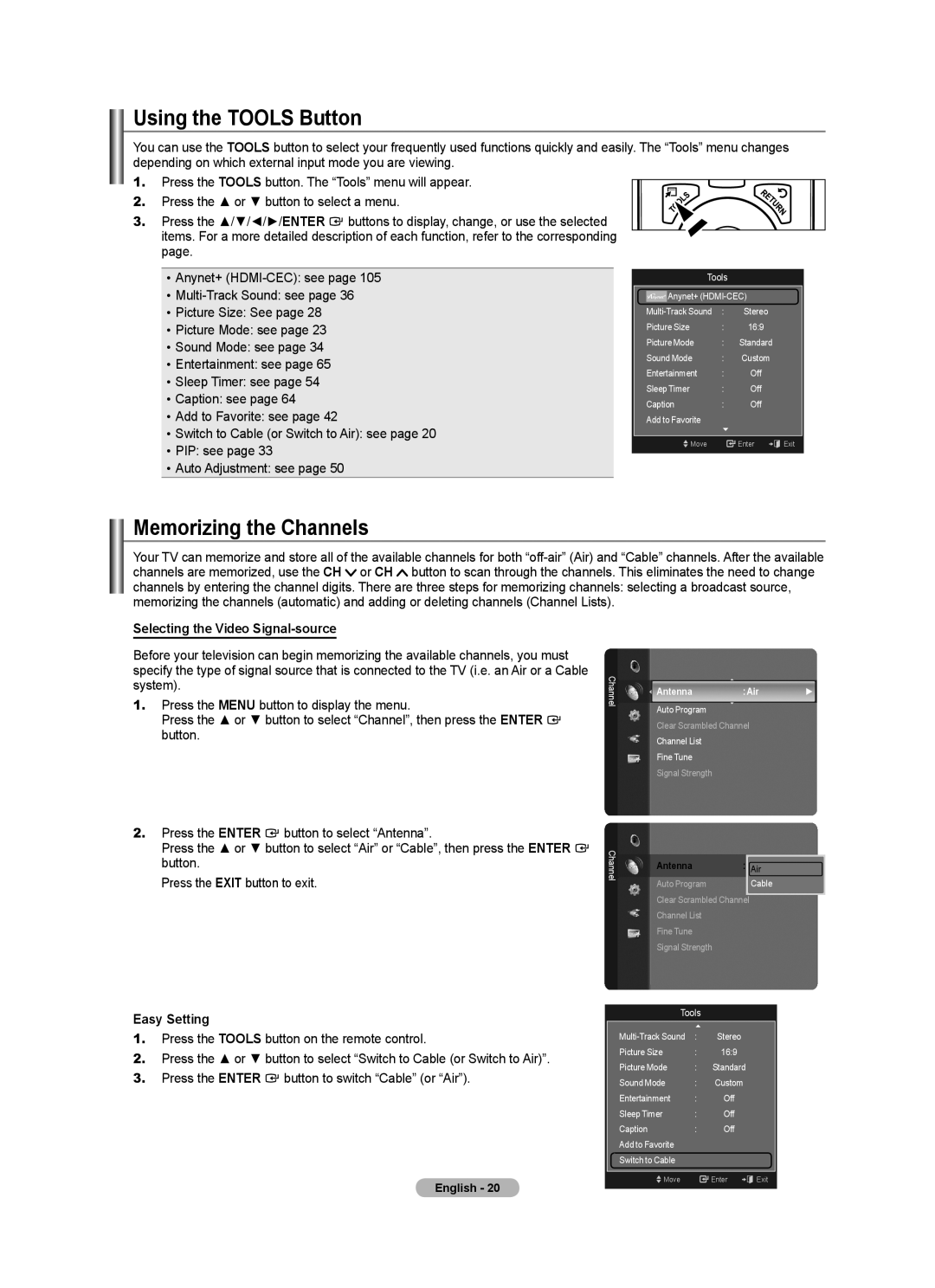 Samsung LN32A620A1F Using the Tools Button, Memorizing the Channels, Selecting the Video Signal-source, Easy Setting 