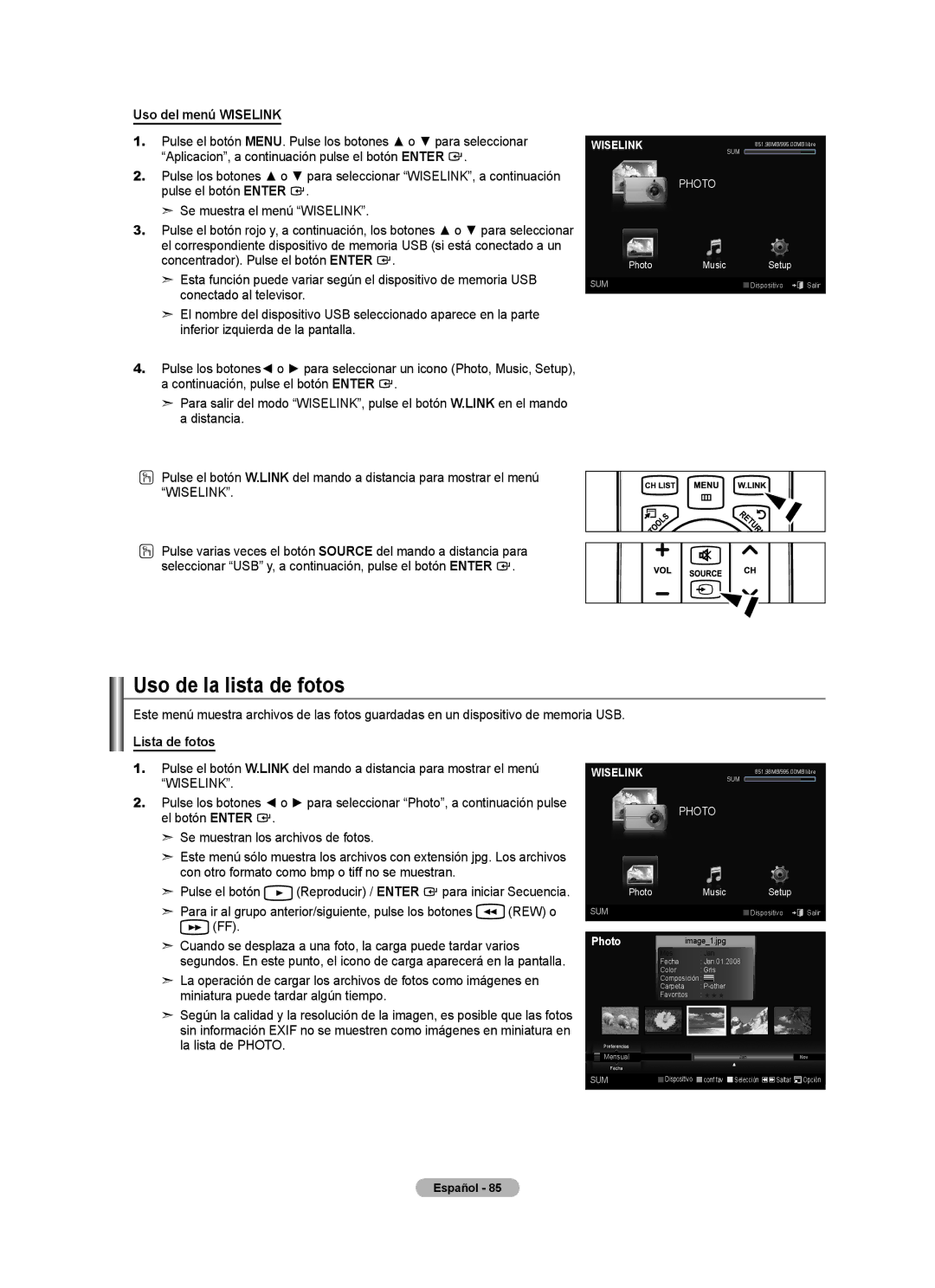 Samsung LN32A620A1F, LN2A620A1F, LN40A620A1F user manual Uso de la lista de fotos, Uso del menú Wiselink, Lista de fotos 