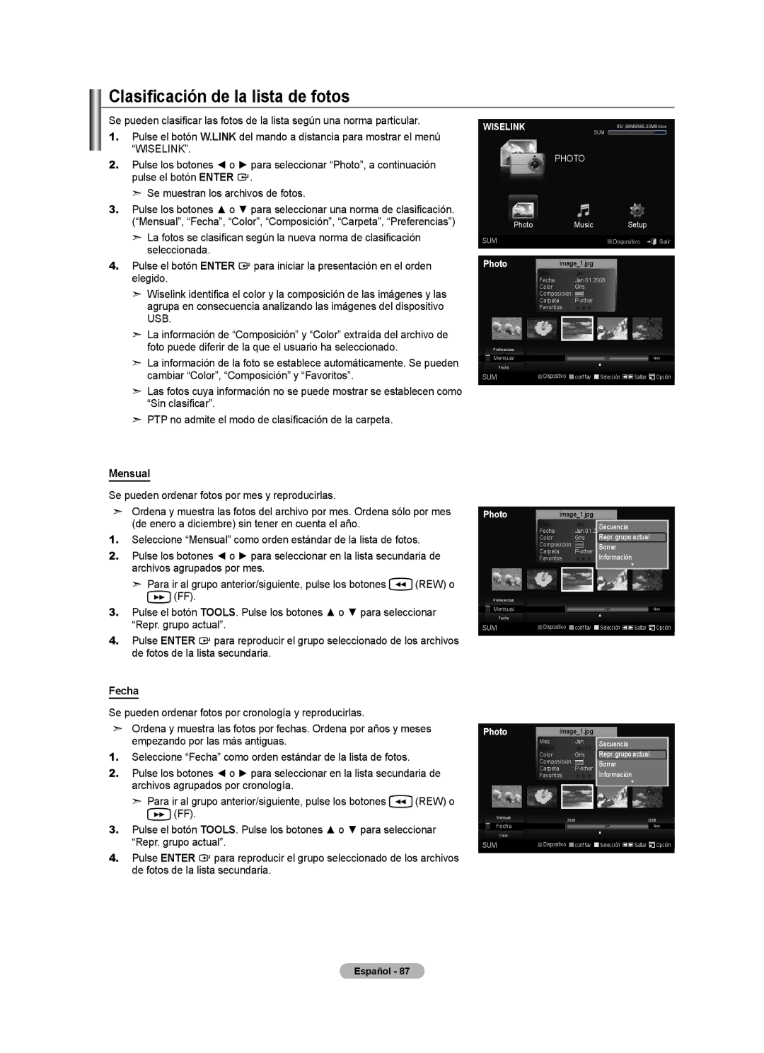 Samsung LN2A620A1F, LN32A620A1F, LN40A620A1F user manual Clasificación de la lista de fotos, Mensual, Fecha 