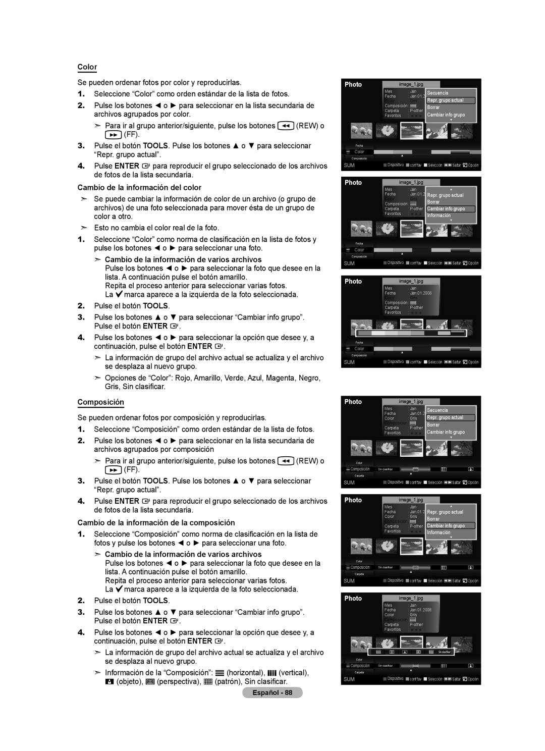 Samsung LN32A620A1F Cambio de la información del color, Cambio de la información de varios archivos, Composición 