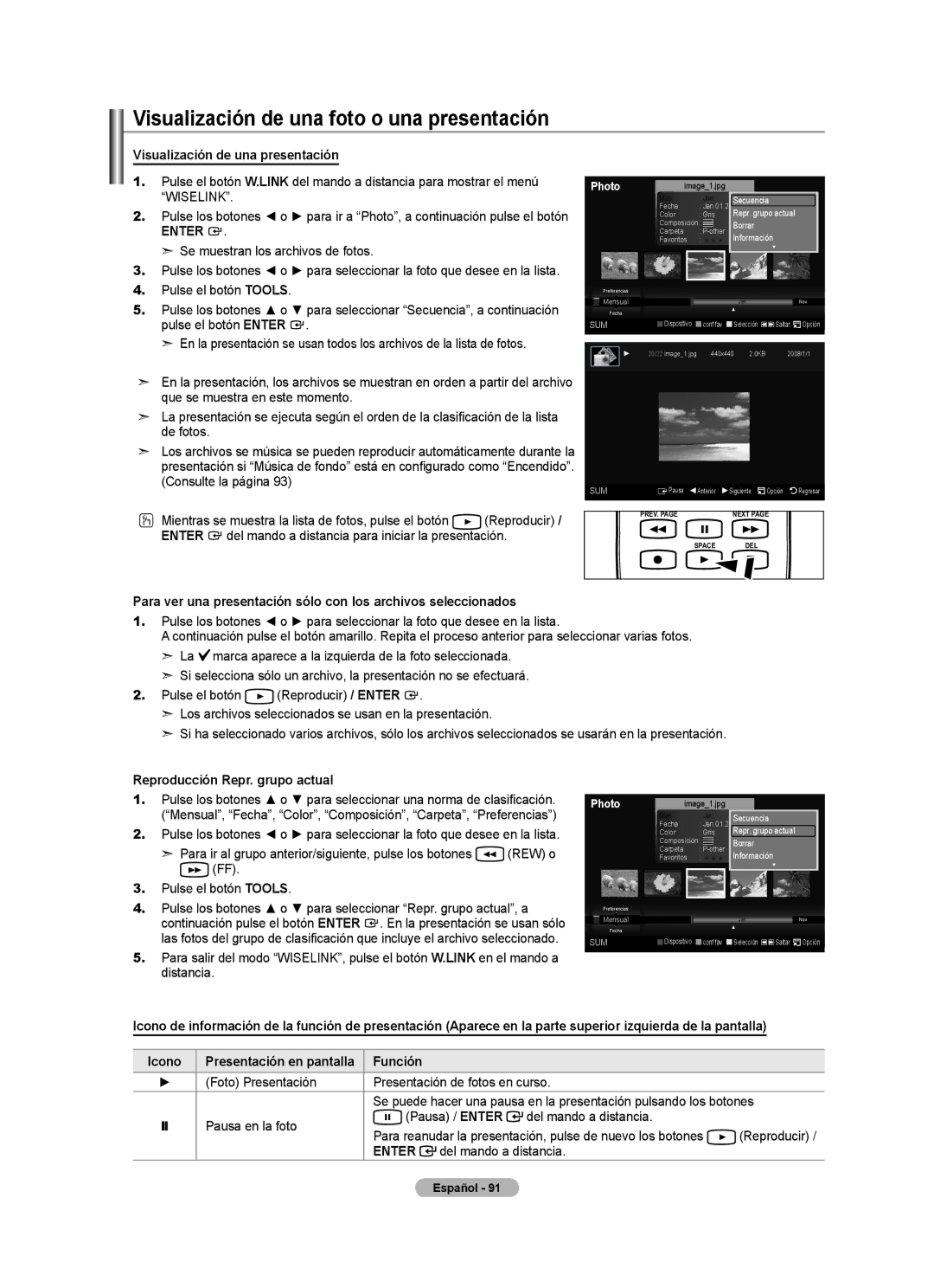 Samsung LN32A620A1F, LN2A620A1F Visualización de una foto o una presentación, Visualización de una presentación, Icono 