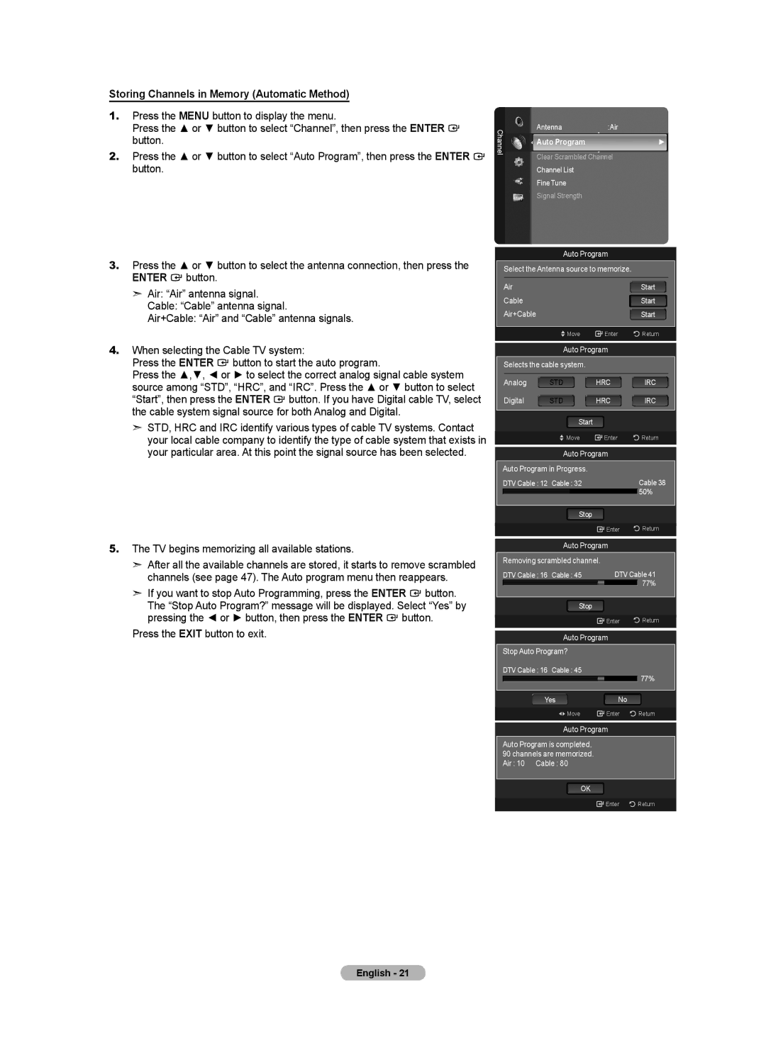 Samsung LN40A620A1F Storing Channels in Memory Automatic Method, TV begins memorizing all available stations, Auto Program 