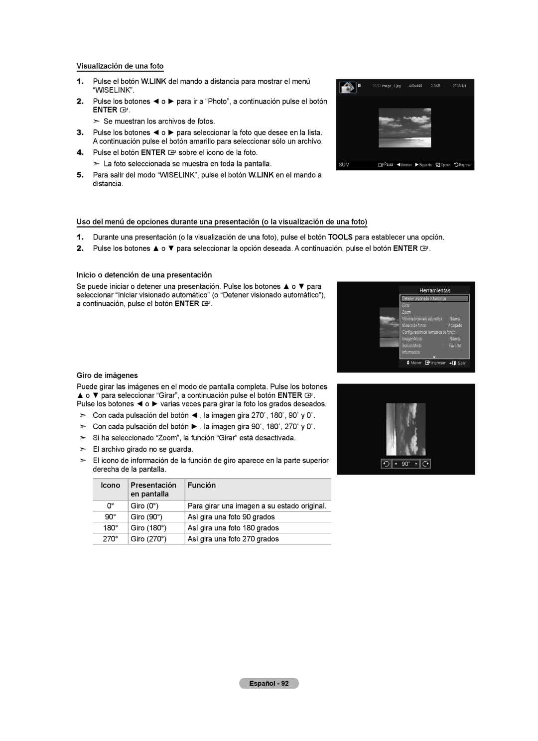 Samsung LN40A620A1F, LN2A620A1F Visualización de una foto, Inicio o detención de una presentación, Giro de imágenes 