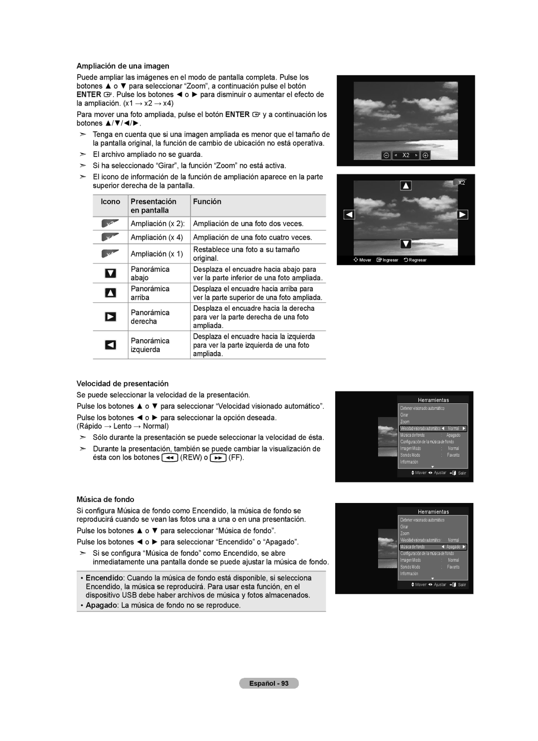 Samsung LN2A620A1F, LN32A620A1F, LN40A620A1F user manual Ampliación de una imagen, Velocidad de presentación, Música de fondo 