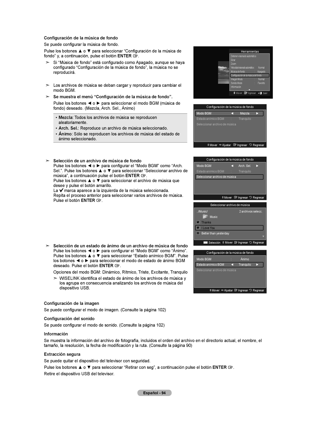 Samsung LN32A620A1F Se muestra el menú Configuración de la música de fondo, Selección de un archivo de música de fondo 