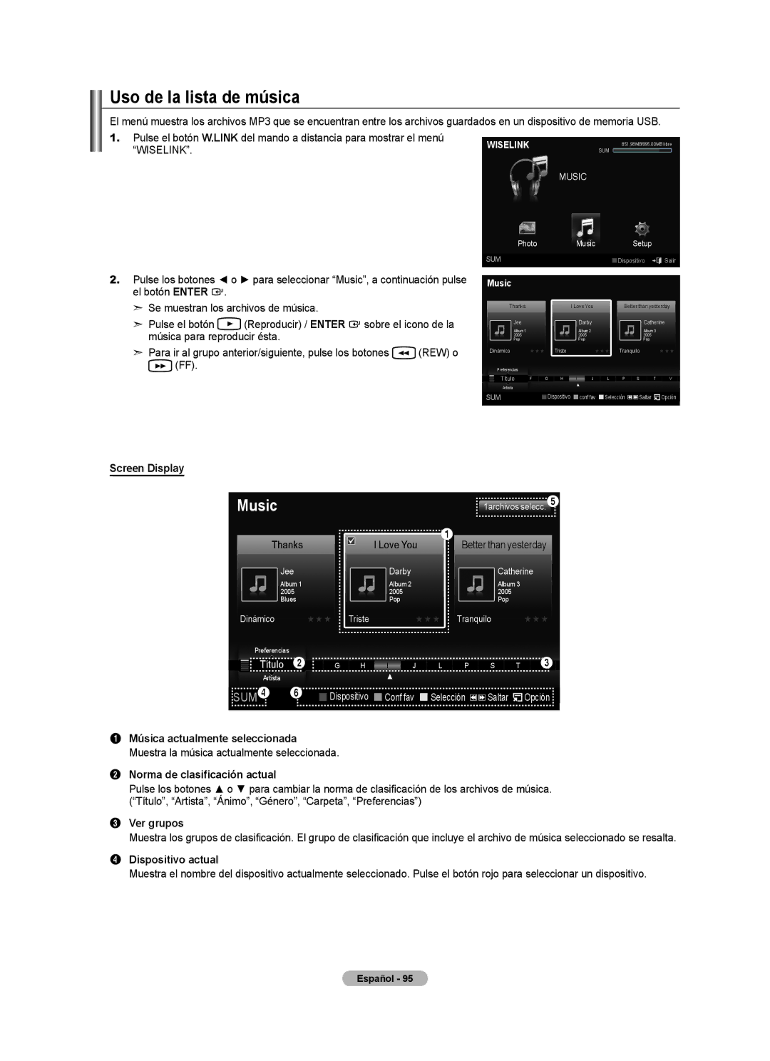 Samsung LN40A620A1F, LN2A620A1F, LN32A620A1F user manual Uso de la lista de música, Wiselink 