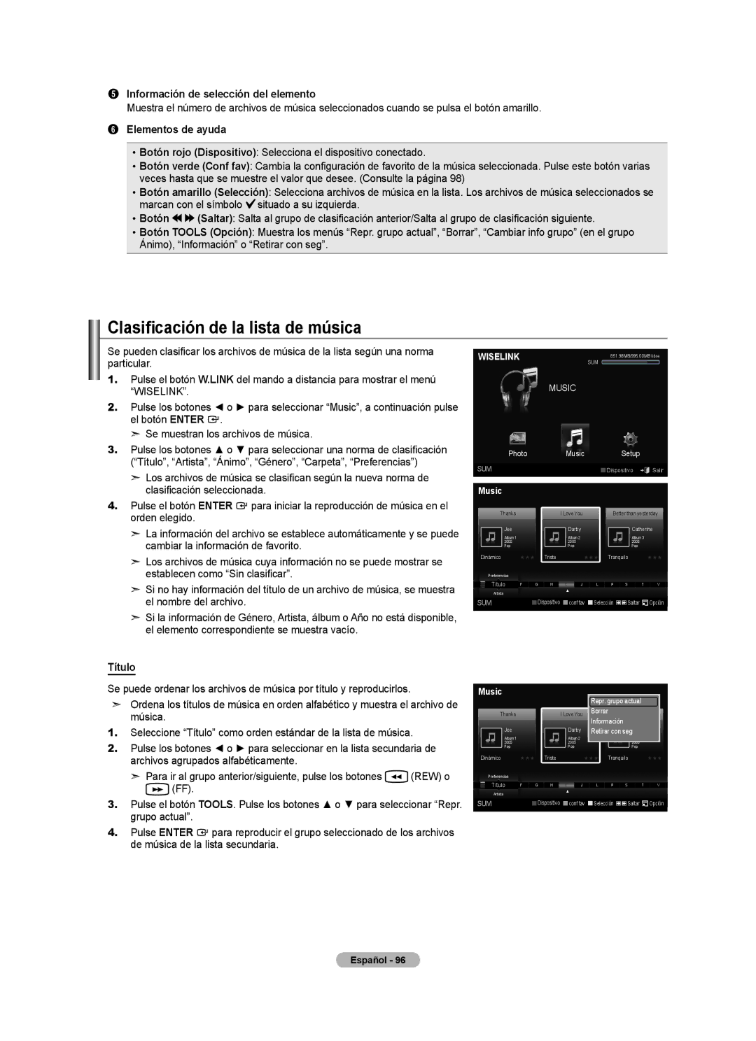 Samsung LN2A620A1F, LN32A620A1F, LN40A620A1F user manual Clasificación de la lista de música, Título 