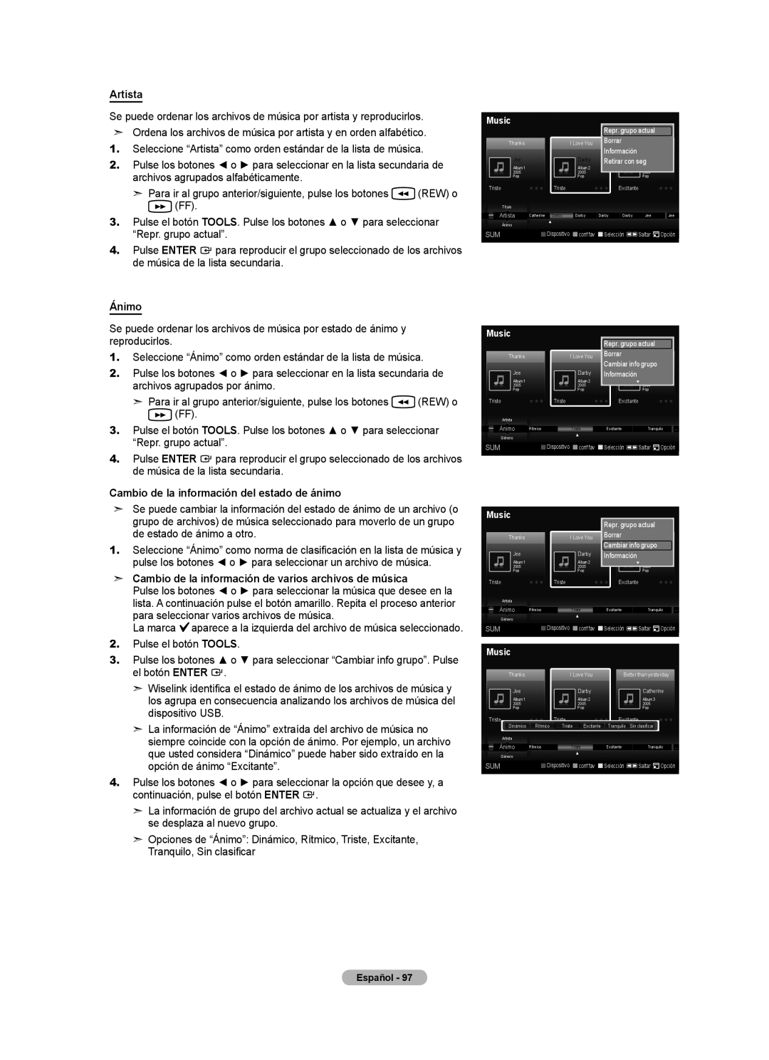 Samsung LN32A620A1F, LN2A620A1F, LN40A620A1F user manual Artista, Ánimo, Cambio de la información del estado de ánimo 