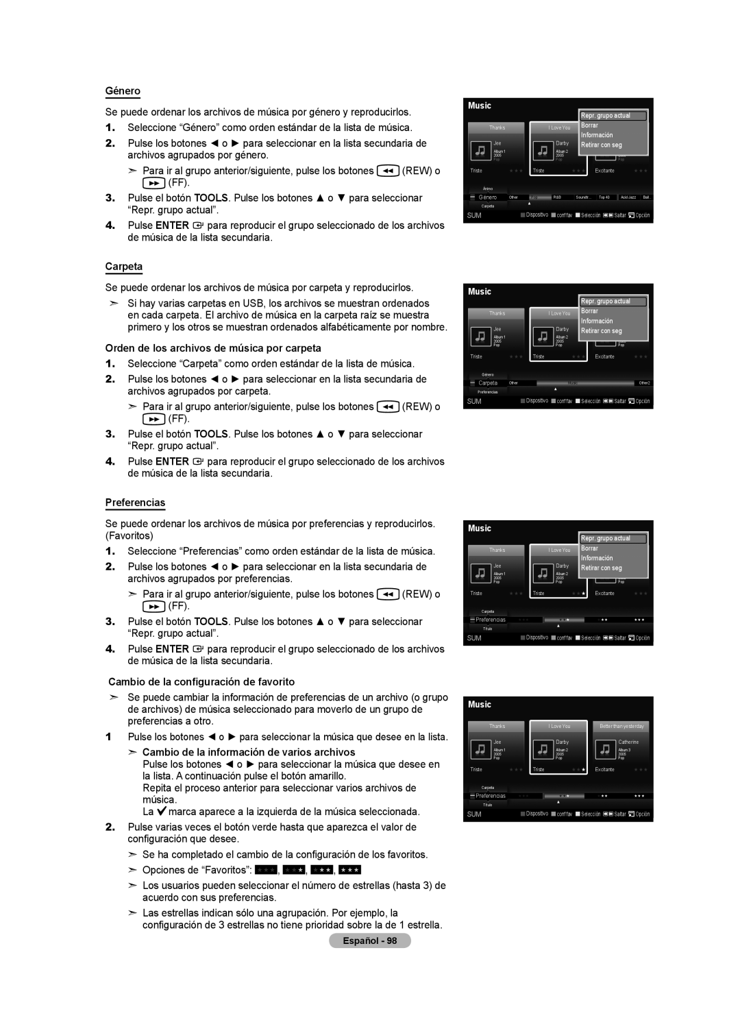 Samsung LN40A620A1F, LN2A620A1F, LN32A620A1F user manual Género, Orden de los archivos de música por carpeta 