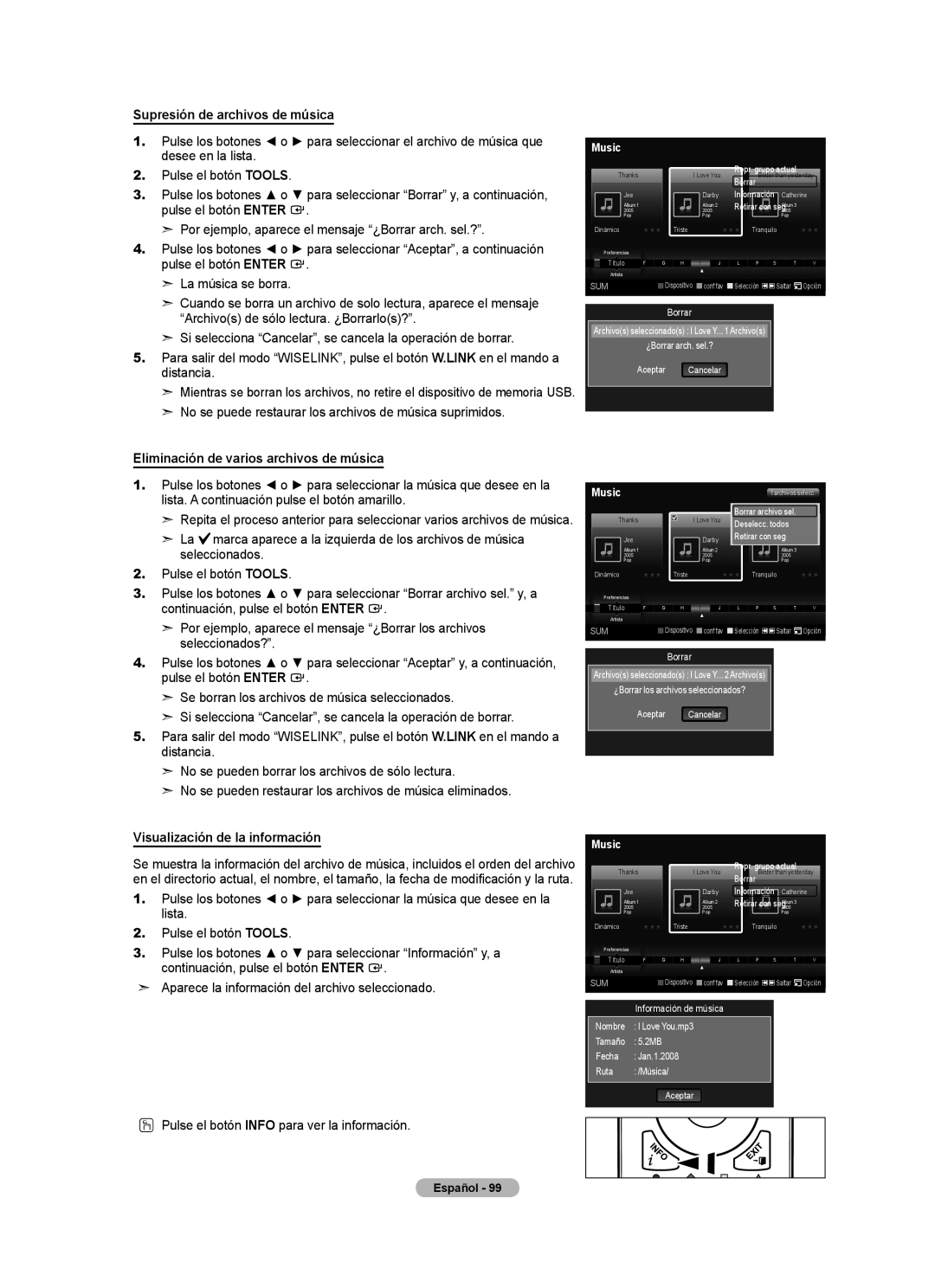 Samsung LN2A620A1F, LN32A620A1F, LN40A620A1F Supresión de archivos de música, Eliminación de varios archivos de música 