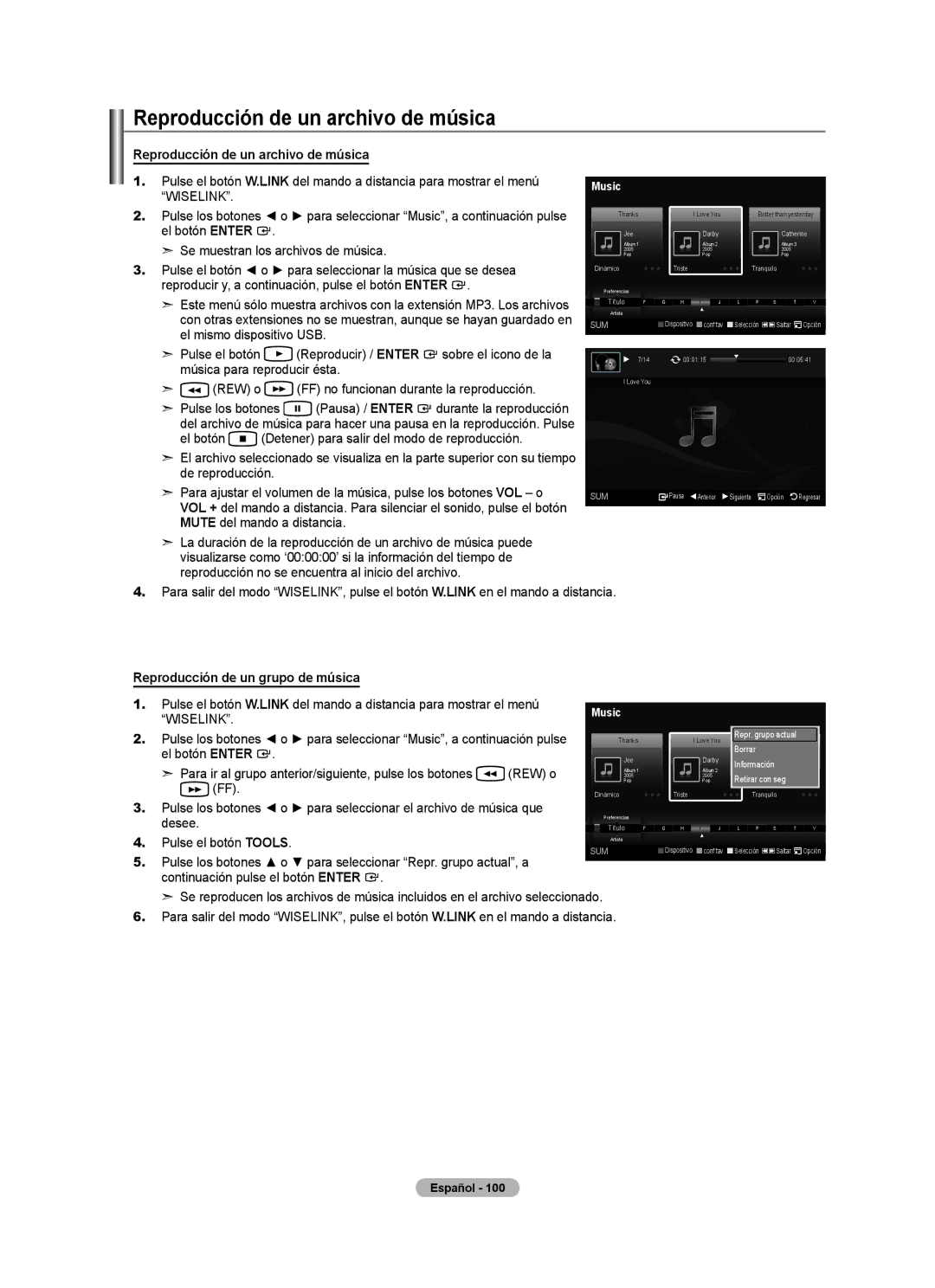 Samsung LN32A620A1F, LN2A620A1F, LN40A620A1F Reproducción de un archivo de música, Reproducción de un grupo de música 