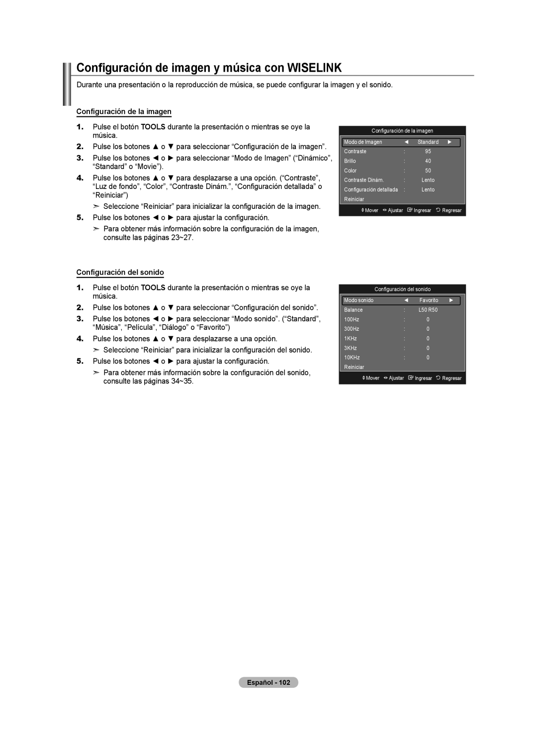 Samsung LN2A620A1F, LN32A620A1F, LN40A620A1F user manual Configuración de imagen y música con Wiselink 