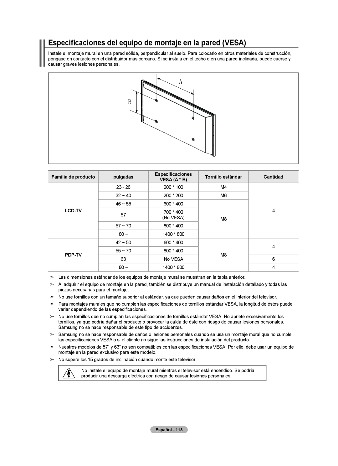 Samsung LN40A620A1F, LN2A620A1F, LN32A620A1F user manual Especificaciones del equipo de montaje en la pared Vesa 