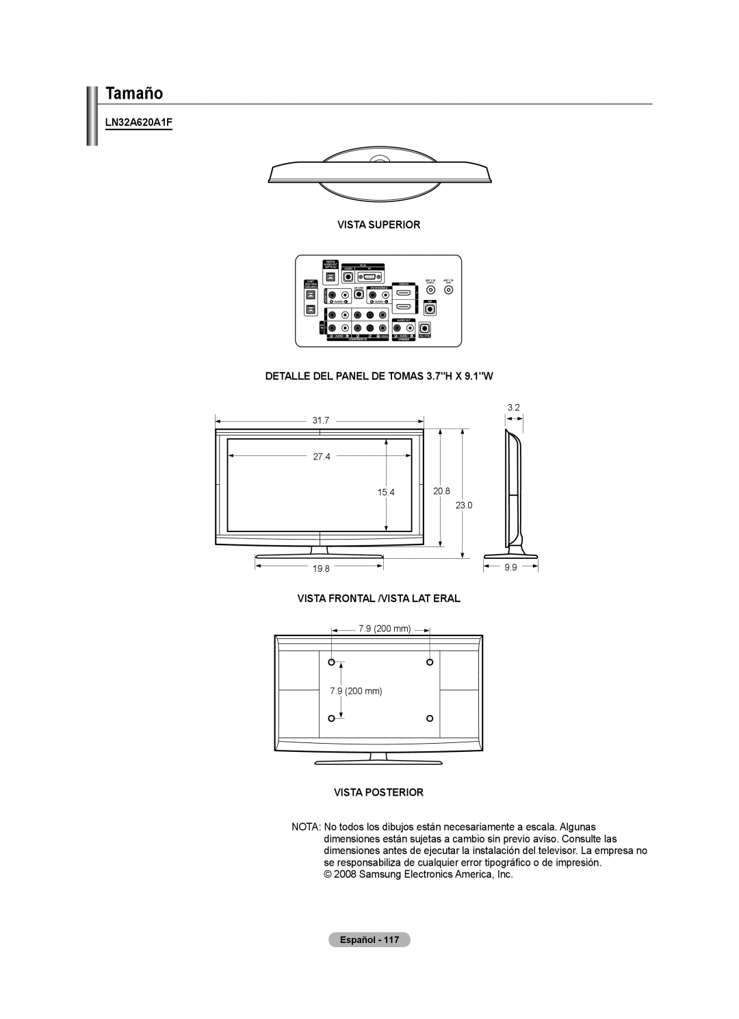 Samsung LN2A620A1F, LN32A620A1F, LN40A620A1F user manual Tamaño, Vista Posterior 