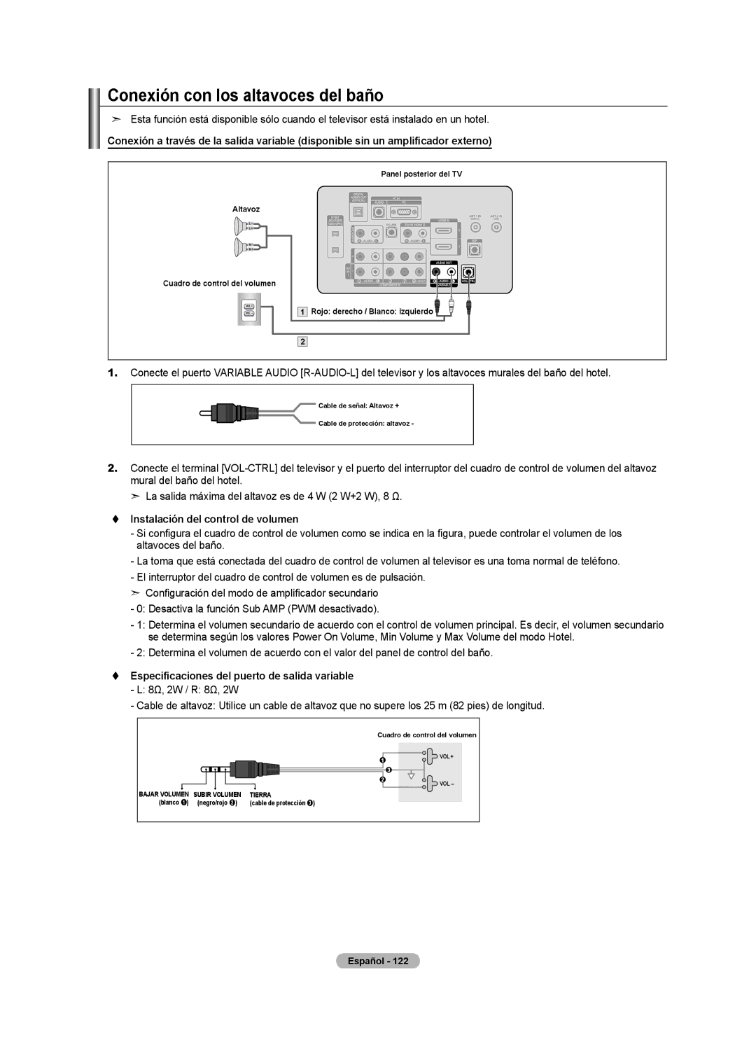 Samsung LN40A620A1F, LN2A620A1F, LN32A620A1F Conexión con los altavoces del baño, Instalación del control de volumen 