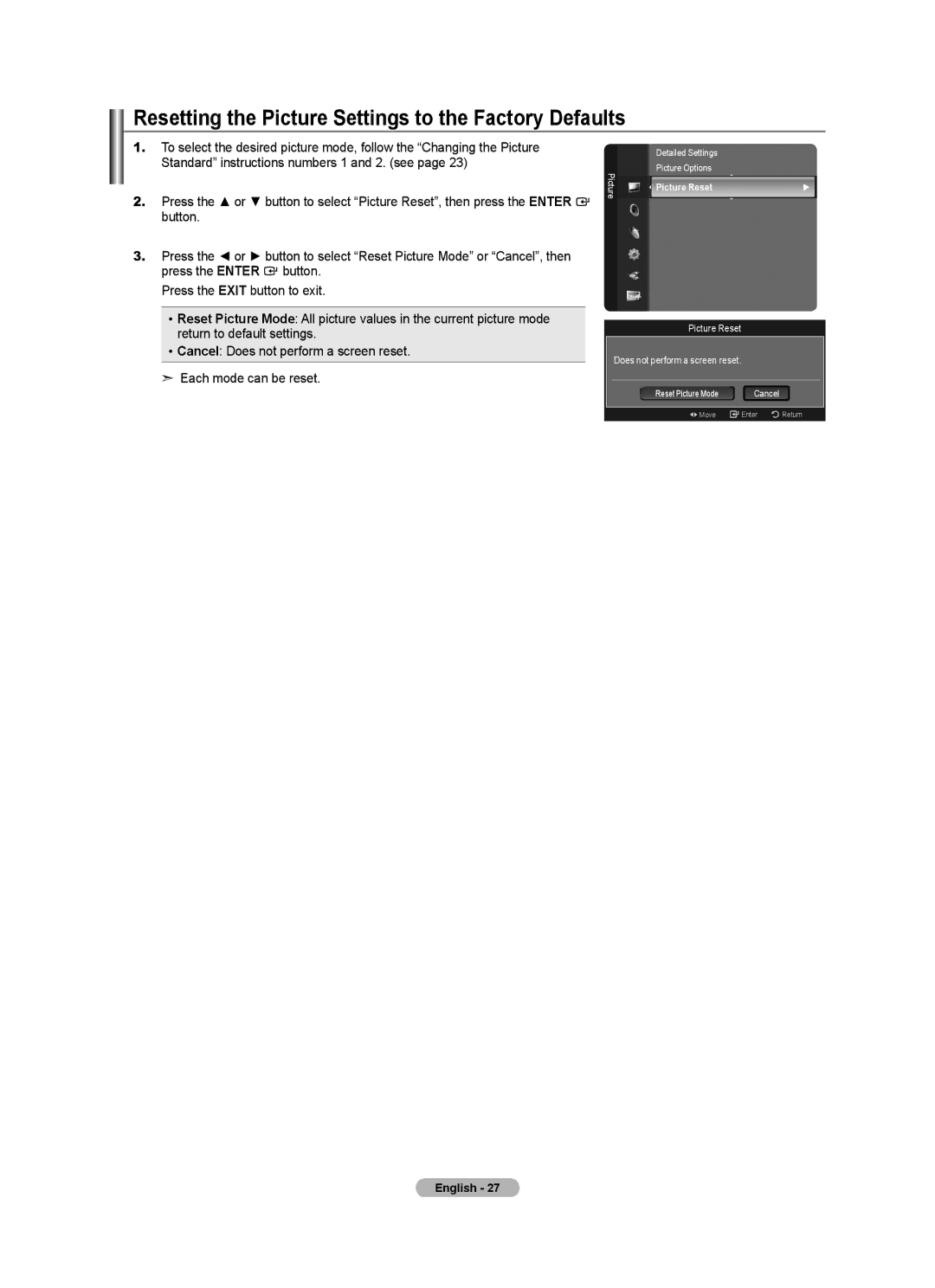 Samsung LN40A620A1F, LN2A620A1F, LN32A620A1F Resetting the Picture Settings to the Factory Defaults, Picture Reset 