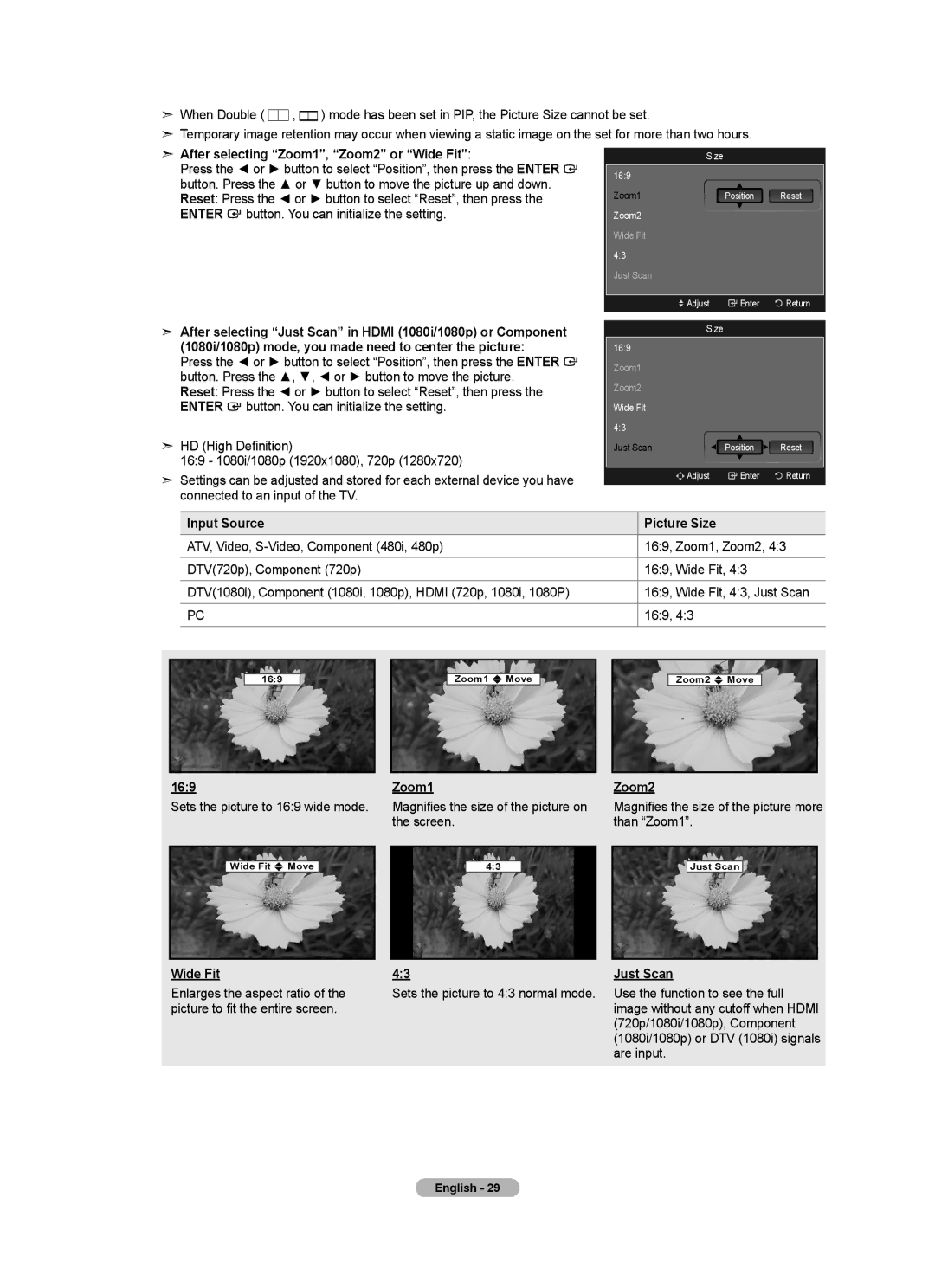 Samsung LN32A620A1F, LN2A620A1F, LN40A620A1F user manual Input Source Picture Size, 169, Zoom1, Zoom2, Wide Fit, Just Scan 