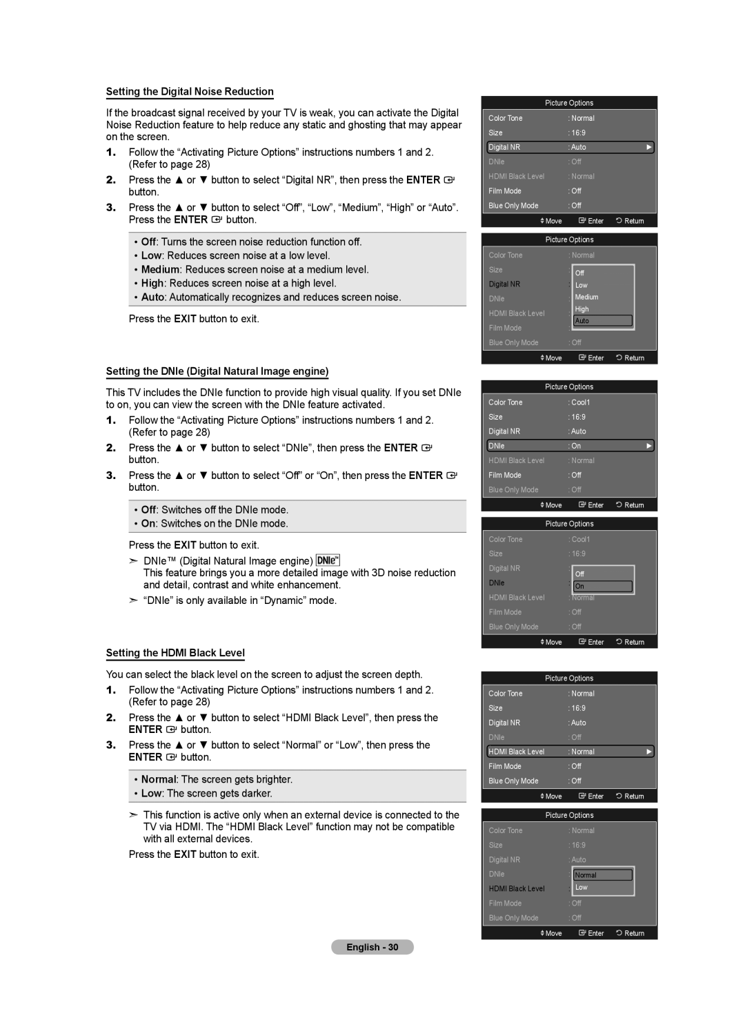 Samsung LN40A620A1F, LN2A620A1F Setting the Digital Noise Reduction, Setting the DNIe Digital Natural Image engine 