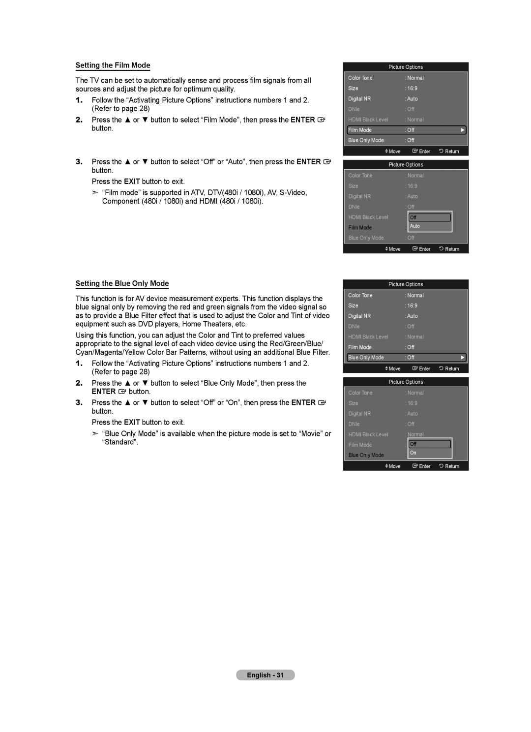 Samsung LN2A620A1F, LN32A620A1F, LN40A620A1F user manual Setting the Film Mode, Setting the Blue Only Mode 