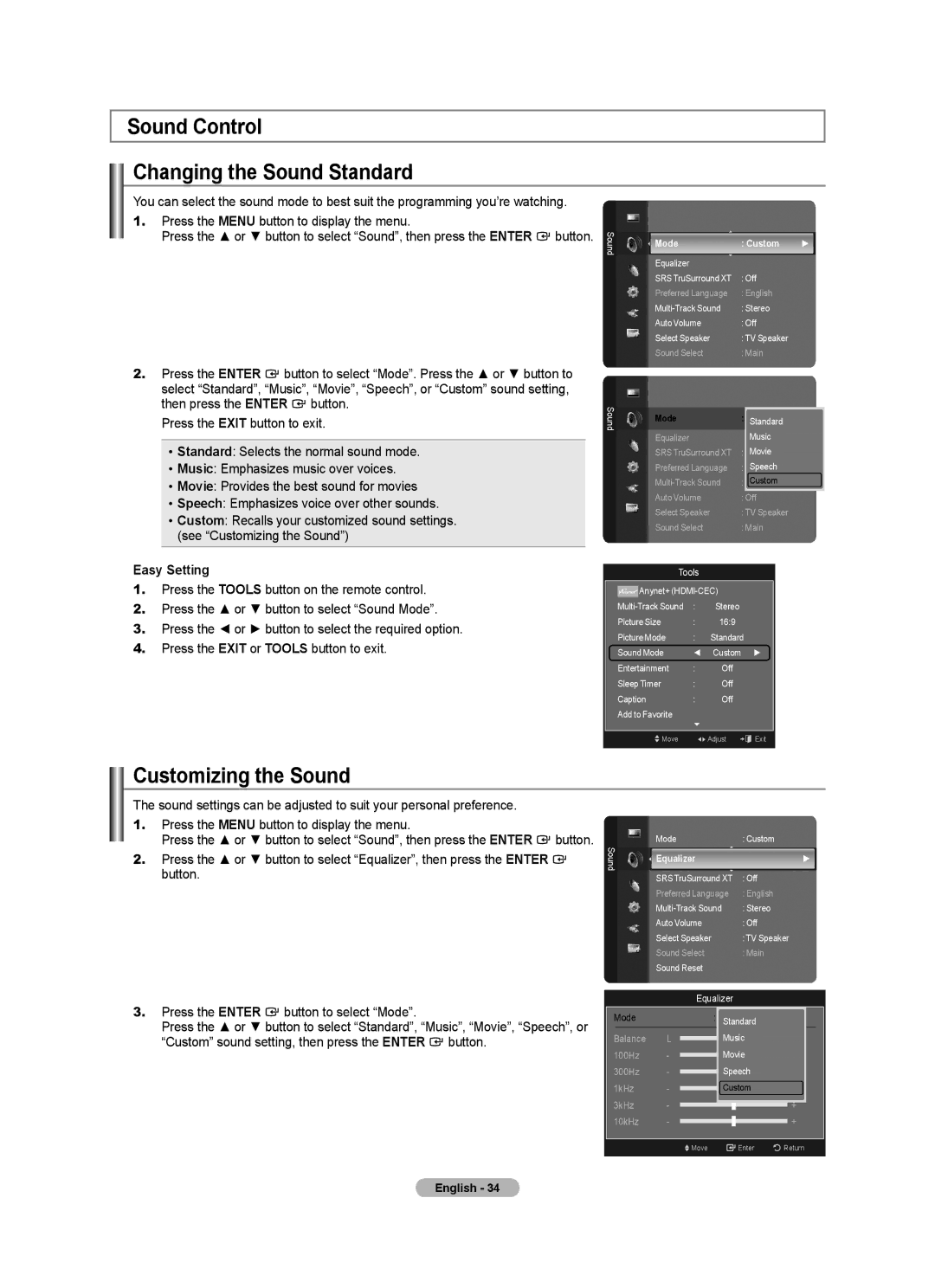 Samsung LN2A620A1F Sound Control Changing the Sound Standard, Customizing the Sound, Press the Enter button to select Mode 