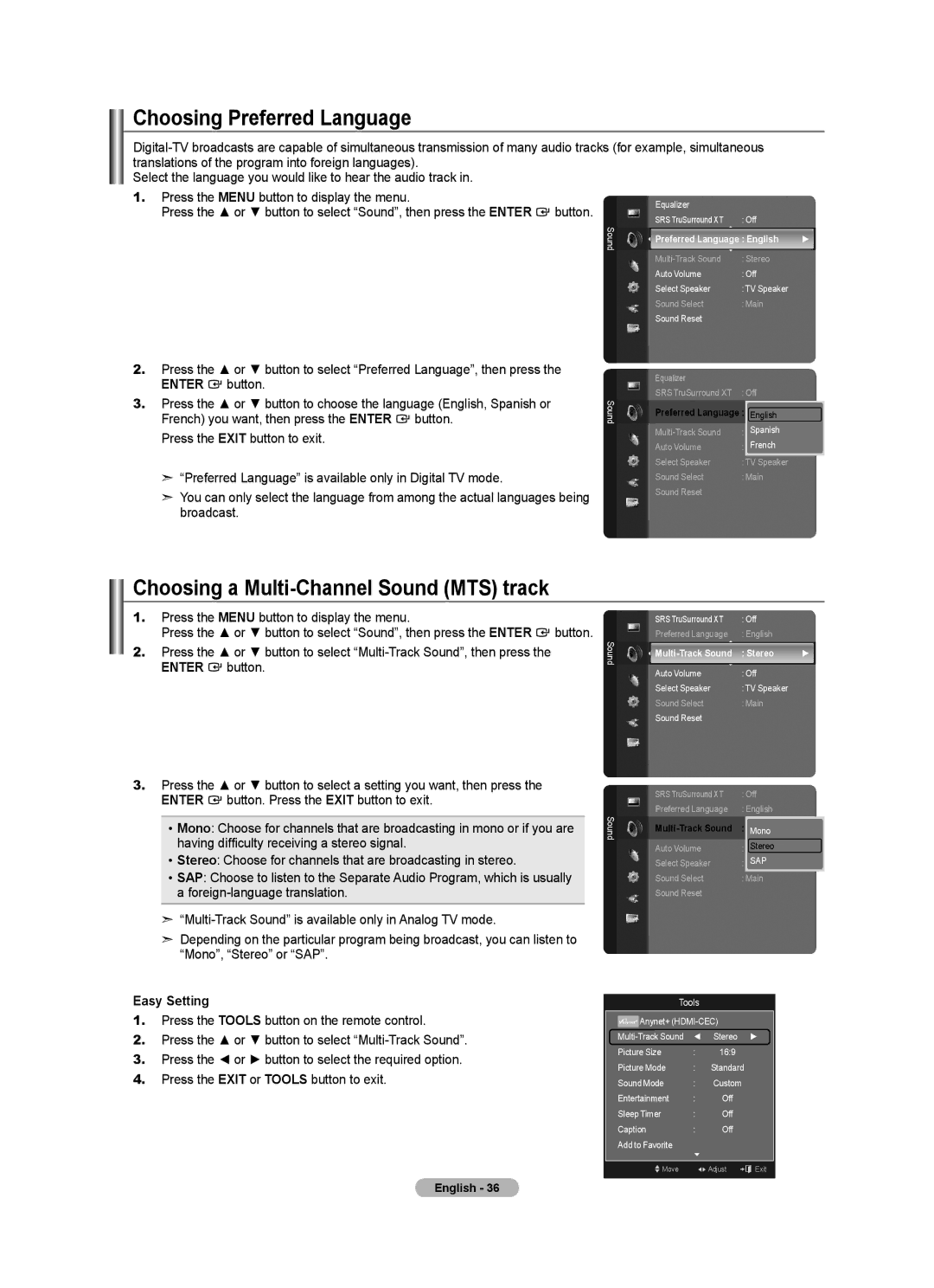 Samsung LN40A620A1F Choosing Preferred Language, Choosing a Multi-Channel Sound MTS track, Preferred Language English 