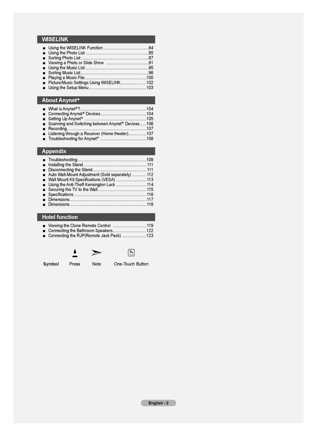 Samsung LN32A620A1F, LN2A620A1F, LN40A620A1F user manual Symbol, Press 