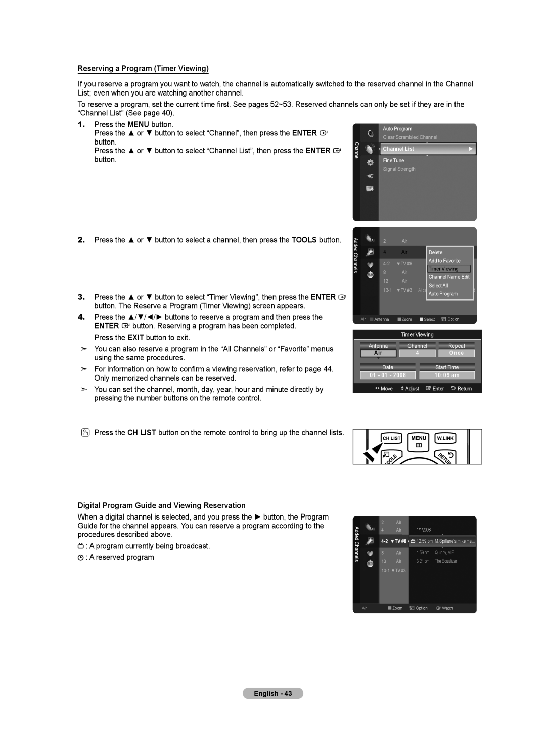 Samsung LN2A620A1F, LN32A620A1F user manual Reserving a Program Timer Viewing, Digital Program Guide and Viewing Reservation 