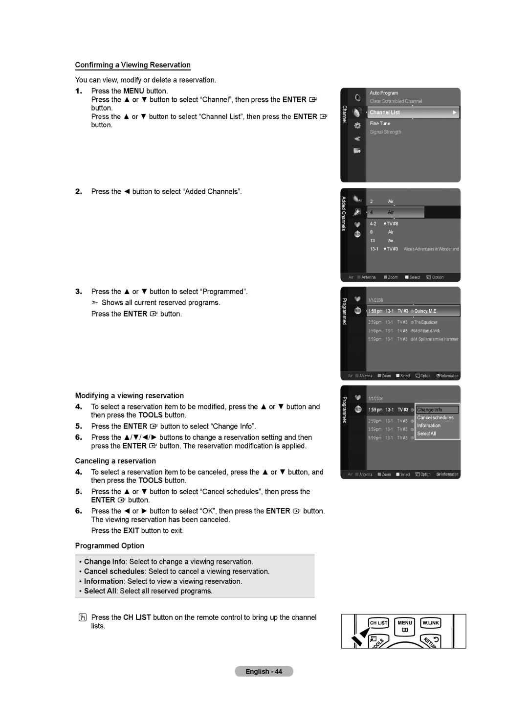 Samsung LN32A620A1F, LN2A620A1F Confirming a Viewing Reservation, Modifying a viewing reservation, Canceling a reservation 